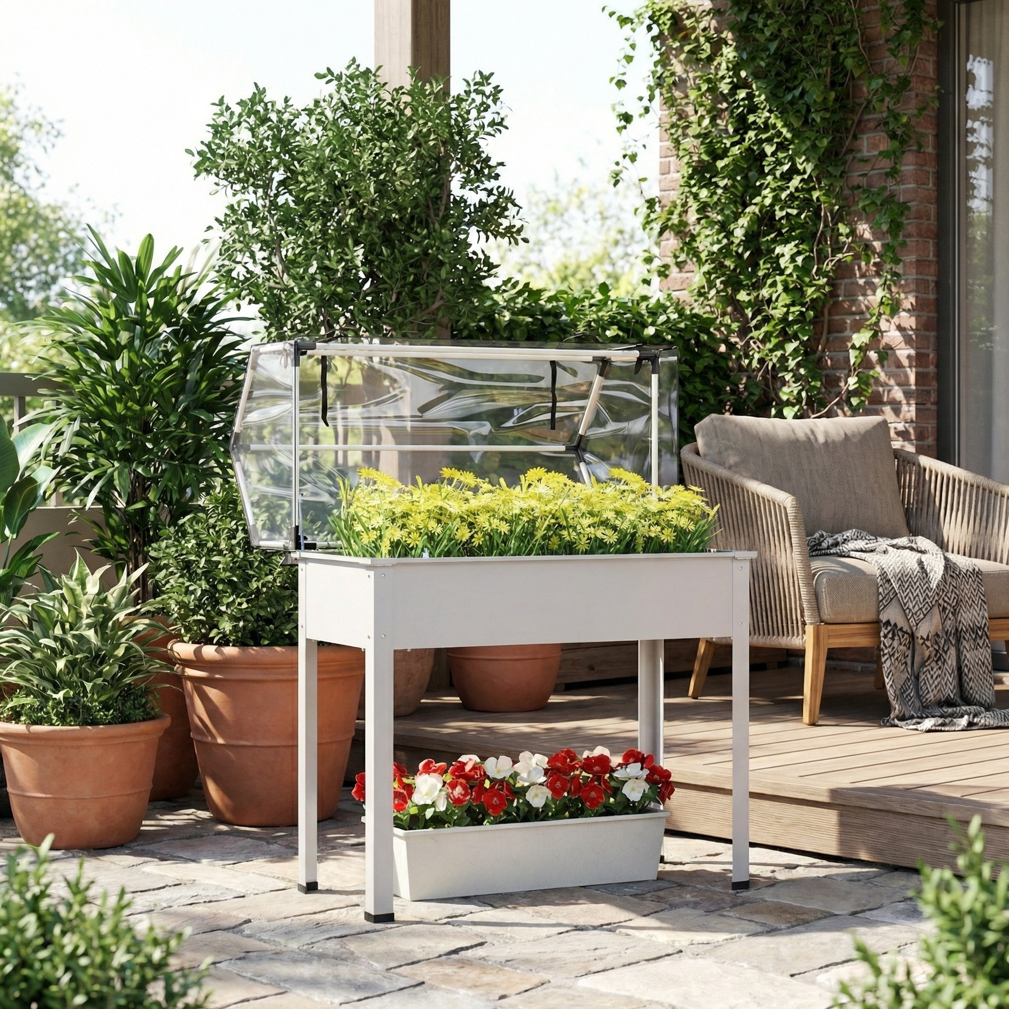 Raised Garden Bed with Greenhouse Cover, White