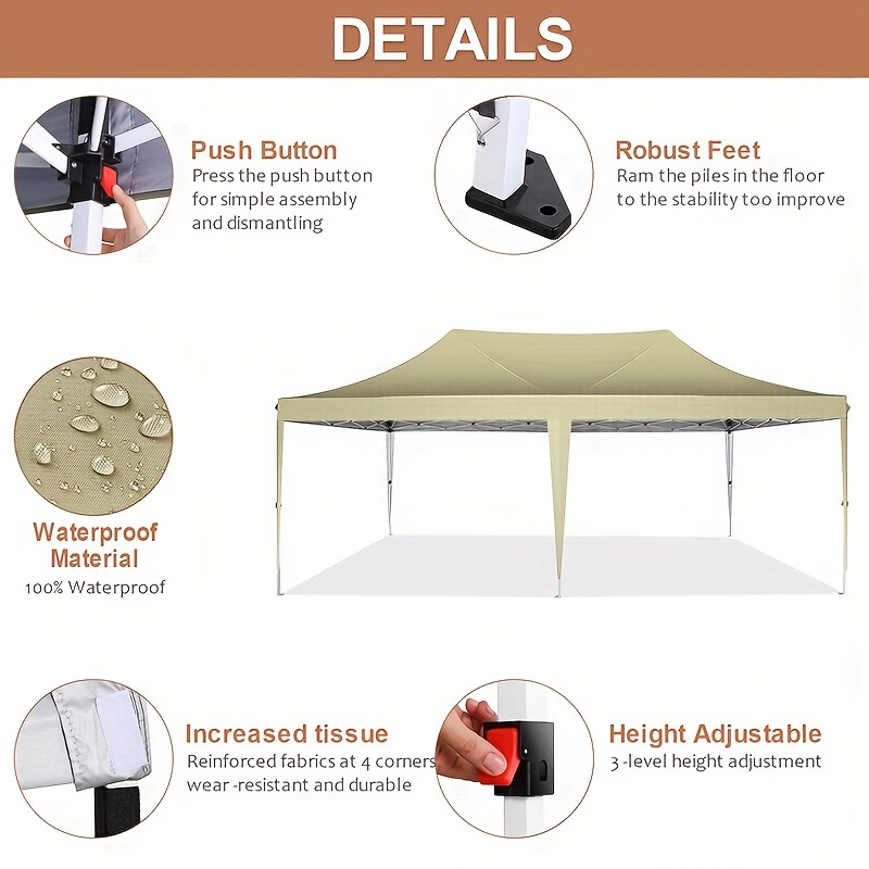   10 20ft pop up awning tent upgraded structure wind and water proof with removable side walls suitable for parties weddings camping and other outdoor activities details 2