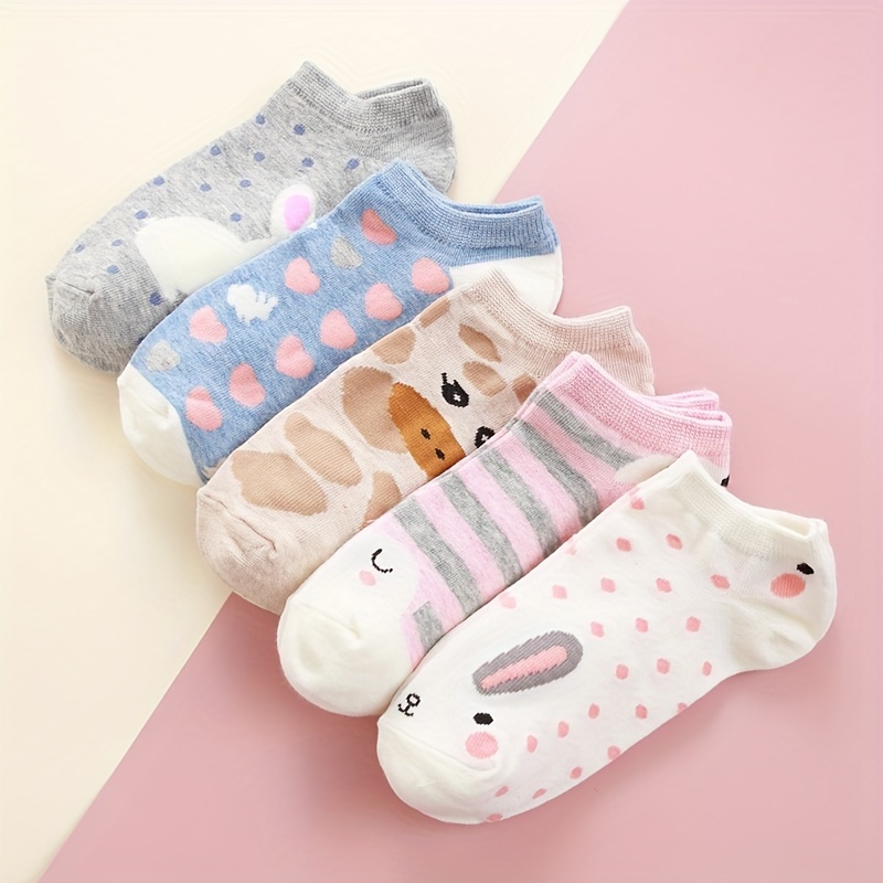 

5 Pairs Cartoon Animal Print Socks, Cute & Breathable Crew Socks, Women's Stockings & Hosiery