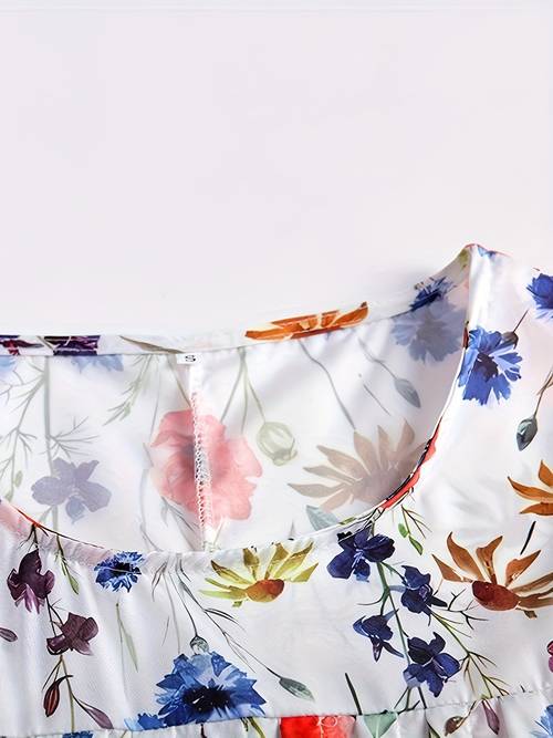 womens 2024 summer casual short sleeve crewneck midi dress navy blue golden floral print loose with pockets 100 polyester machine washable
