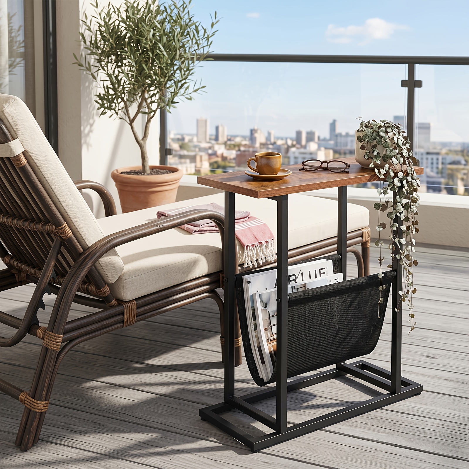 Bedside Table Narrow Side Table, Slim Bedside Table, Industrial Sofa Table With Magazine Storage Bag, Space-, Suitable For Living Room, Bedroom, And Black