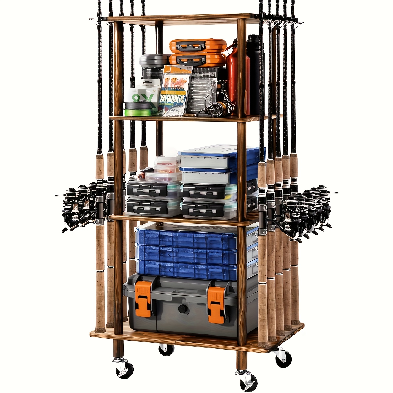 TEMU Ghosthorn Fishing Rod Holders For Garage Fishing Pole Rack Hold Up To 10 Rods Fishing Pole Holders Wooden Organizer Fishing Rod Rack Car Fishing