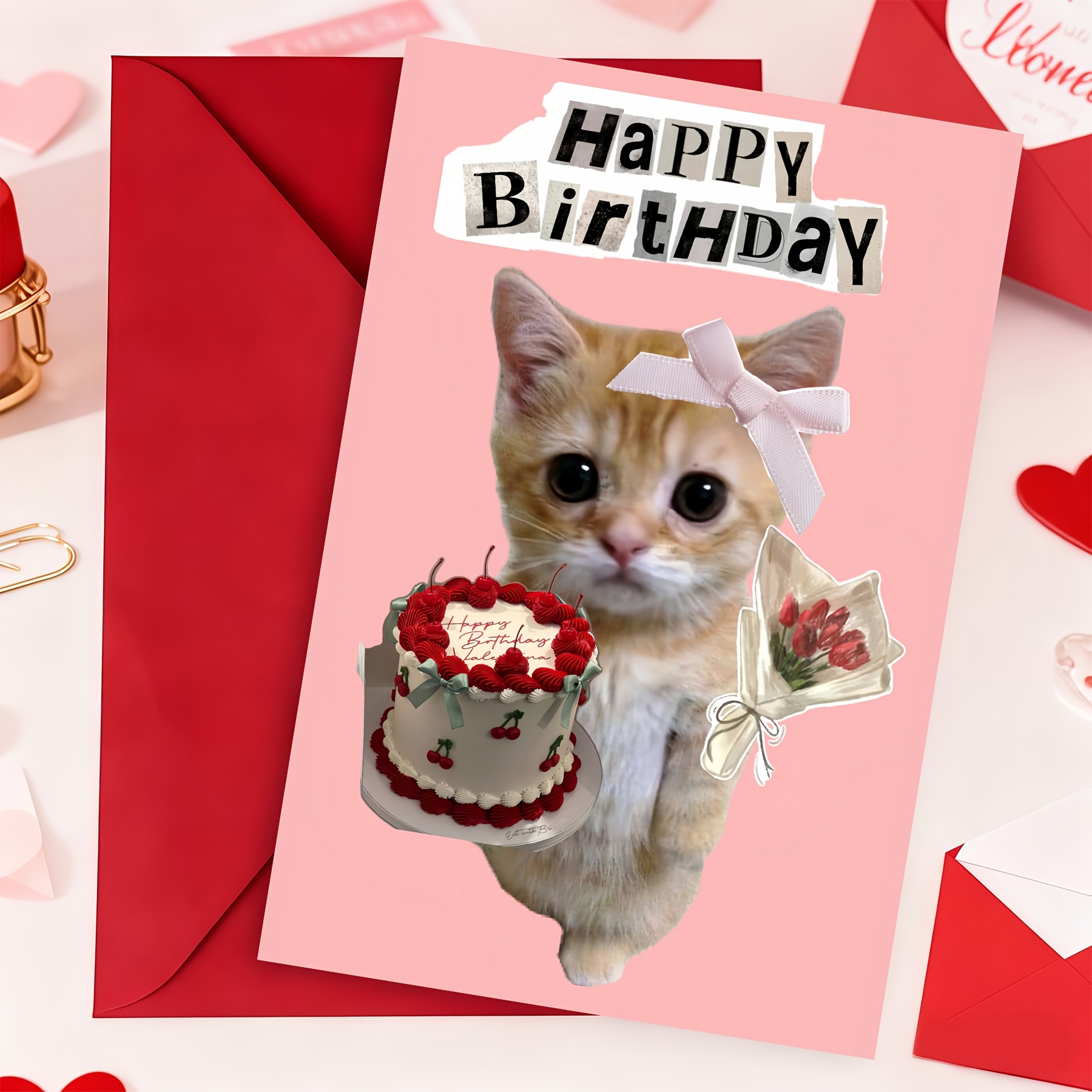 TEMU Happy Birthday Greeting Card, Cute Ginger Kitten With Cherry Cake & Tulips, Soft Pink Background Coquette Style Celebration Card With Envelope