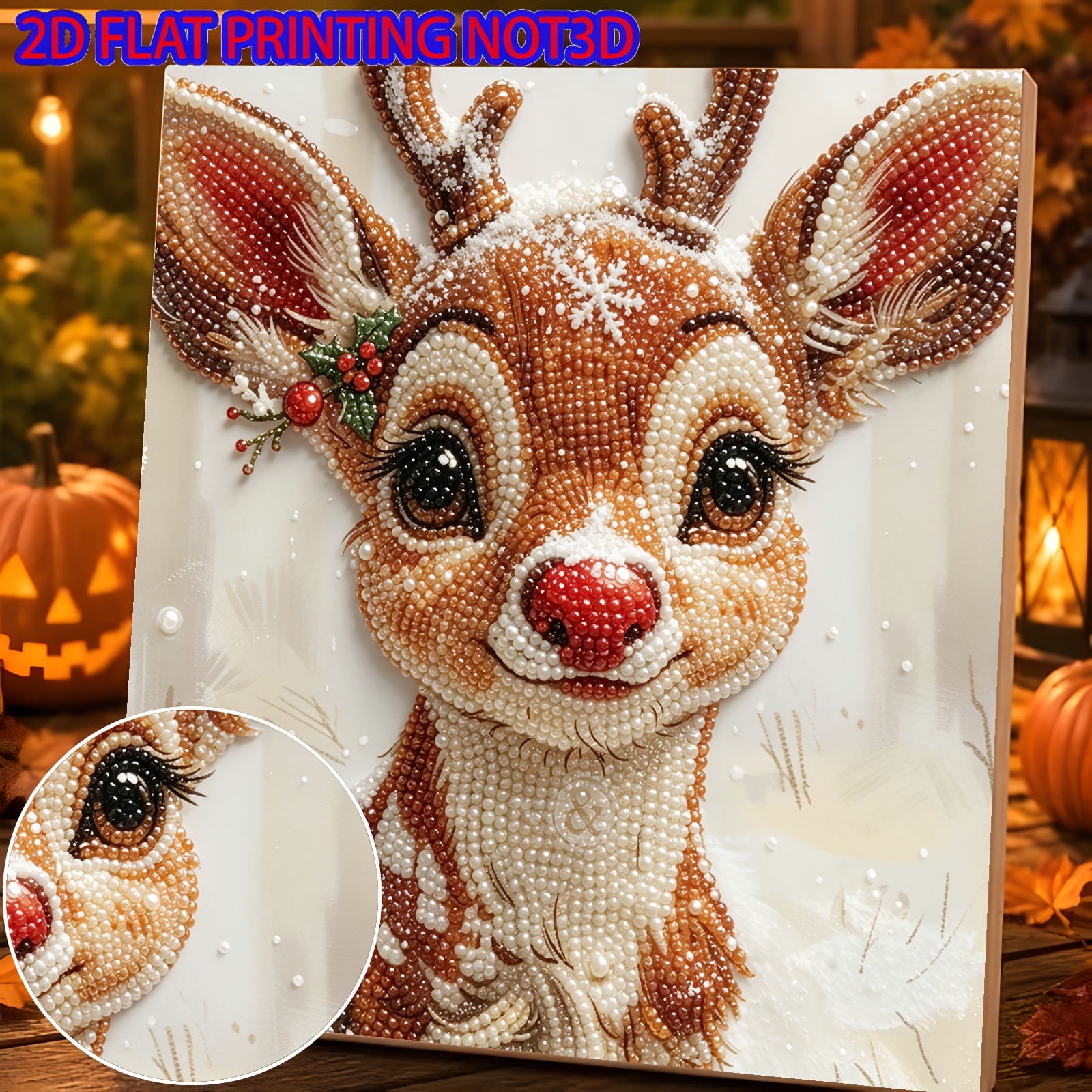 TEMU 2d Flat 1pc Red- Fawn Series Pearl Painting Diy Rhinestone Sticker Creative Diamond Painting Kit, Includes Pearls And Partial Diamond