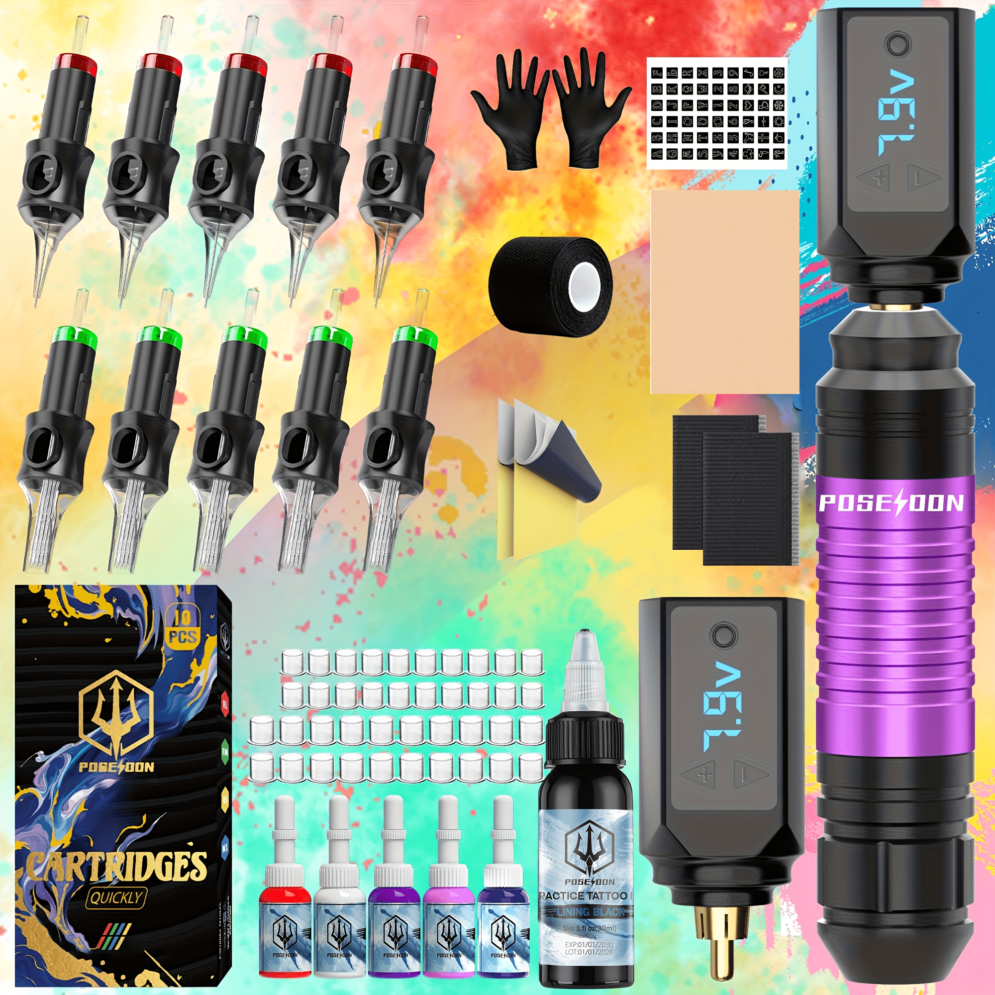 Image of Poseidon Tattoo V5 Gift Tattoo Pen Kit - Poseidon Wireless Tattoo, Tattoo Gun Kit With 2 Tattoo Power Supply And 10pcs Tattoo Cartridge Needles, Complete Tattoo Kit Practice Tattoo Ink For Fake Skin