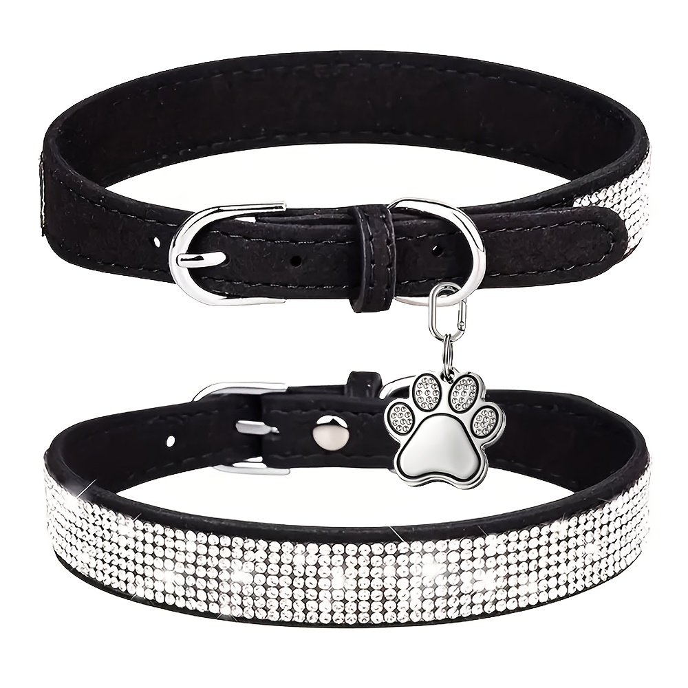 TEMU 1pc Sparkling Rhinestone Dog Collar With Paw Print Tag - Soft Pu Suitable For Small To Medium Female Puppies, Adjustable Collar With Shimmering