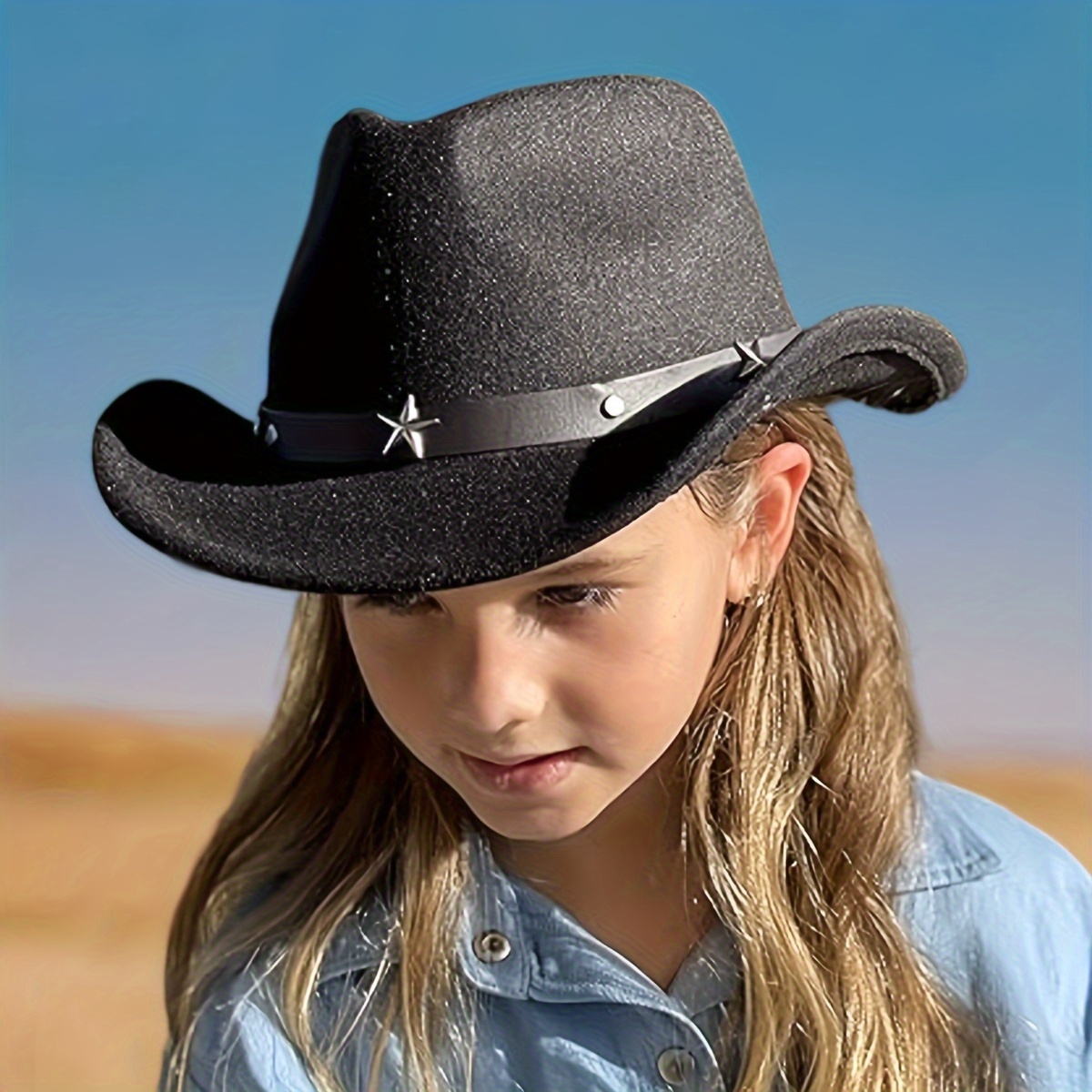 

Kids Metal Pentagram Western Cowboy Top Hat For 8-12 Years Old - Autumn And Winter Imitation Woolen Jazz Hat