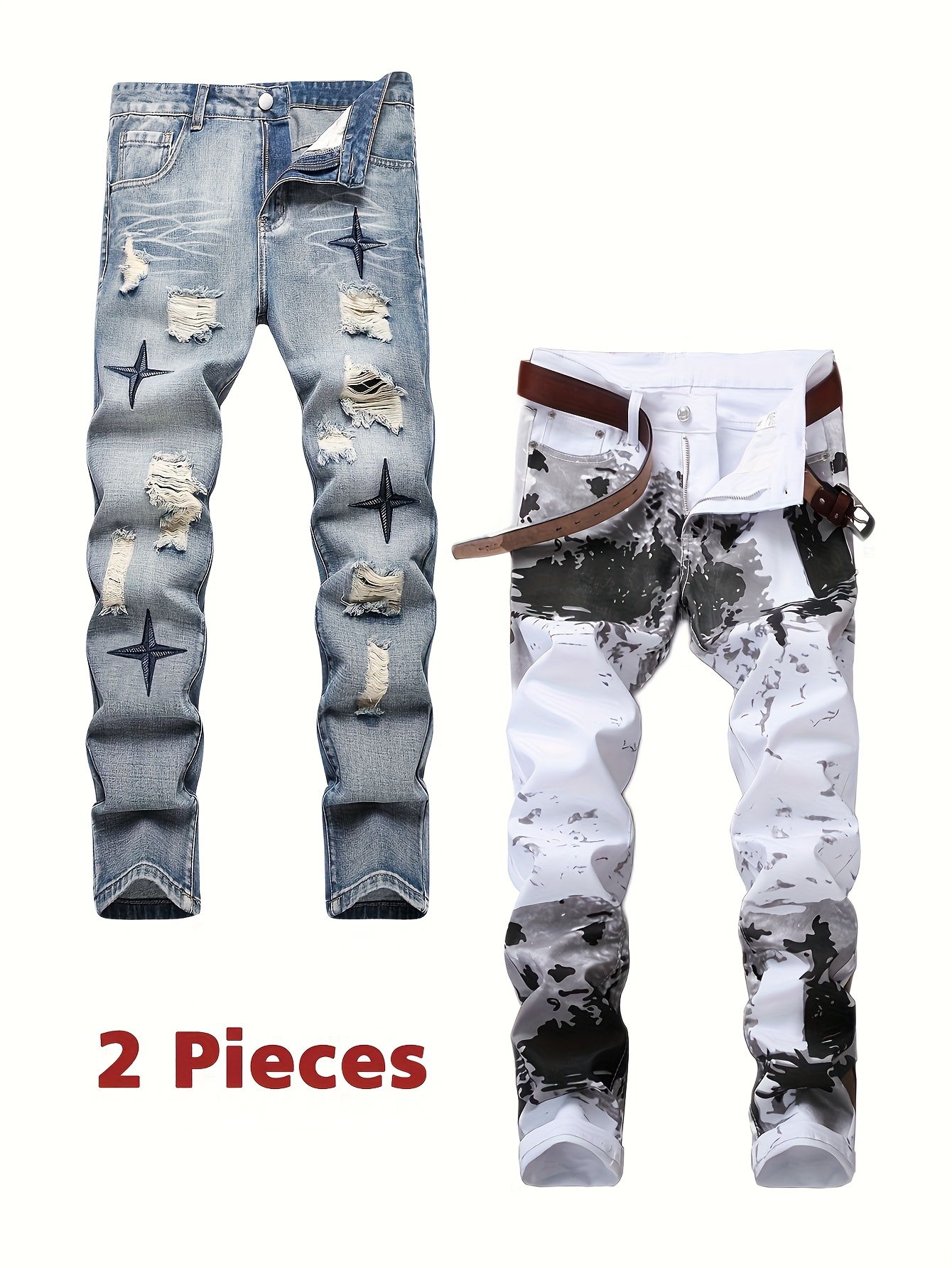2pcs ripped jeans men blue fit straight leg - Temu
