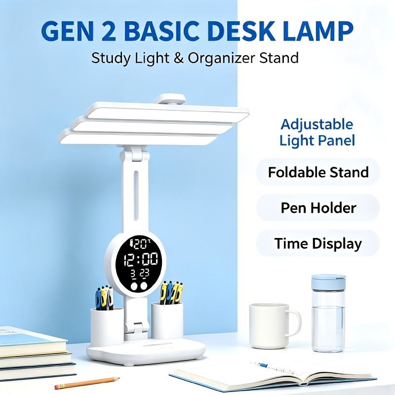 TEMU 4-head Foldable Led Desk Lamp, Table Light With Pen Holders, 3-color Dimmable Office Reading Lamp For Work