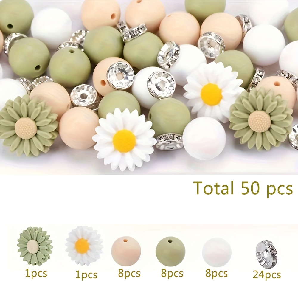 E-shop Ein Set aus 50 Gänseblümchen-Strasssteinen, inklusive 24 Stück 12-mm-runde Silikonperlen, 2 Stück Gänseblümchen-Sonnenblumen-Silikon-Fokusperlen