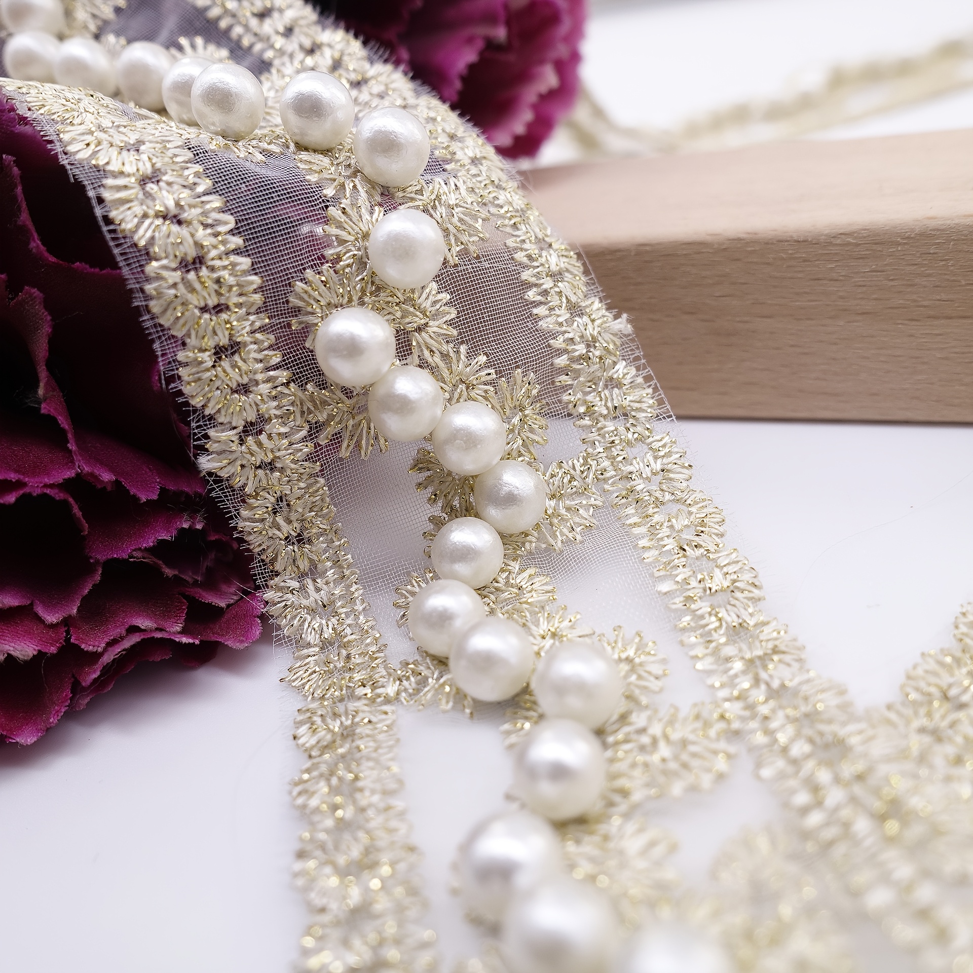 TEMU Bordure en Dentelle Perle de 5 cm Style - Idéale pour la Décoration de , la Couture, les Vêtements, les Décorations de Noël et de Mariage -