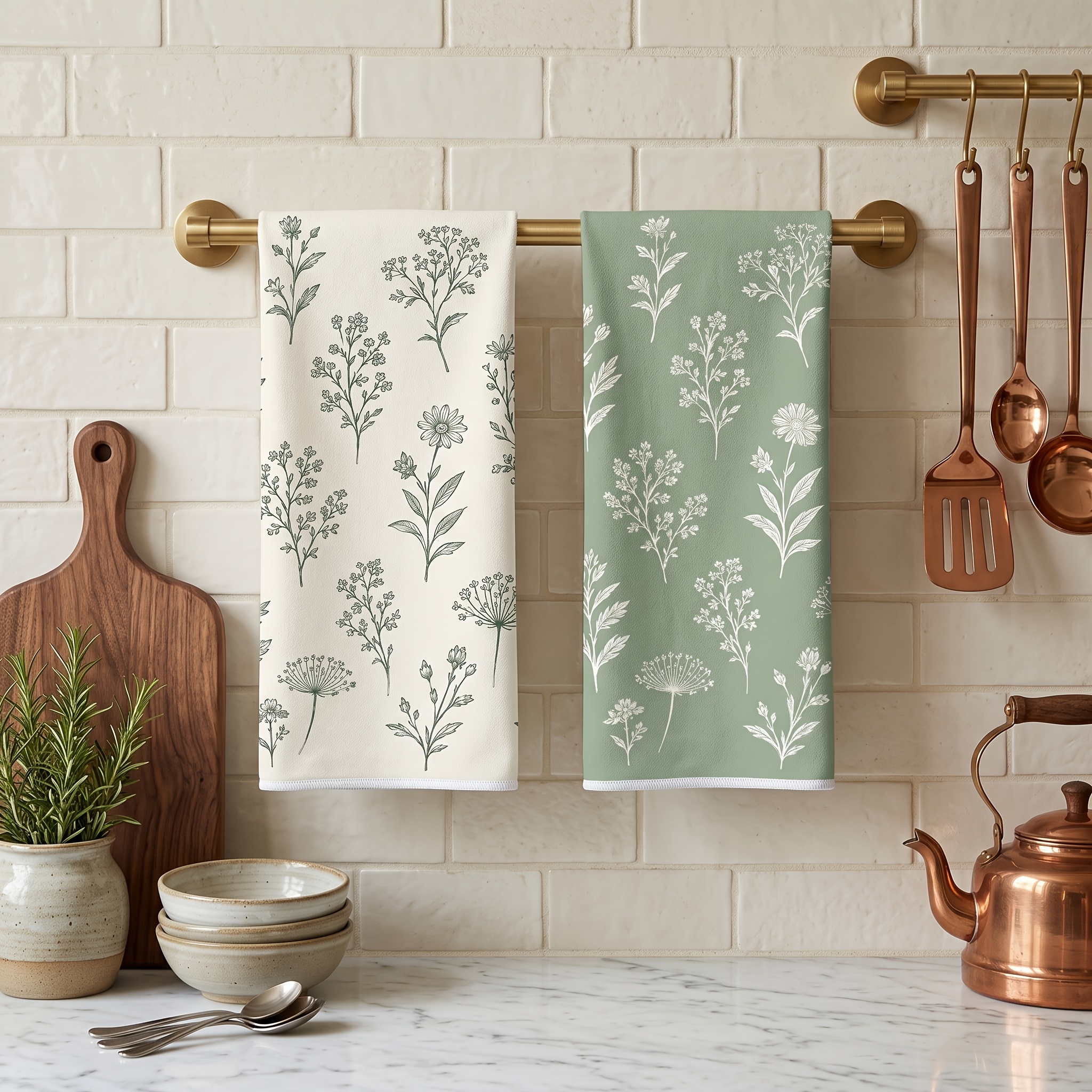 TEMU 2 Pack Sage Green Botanical Kitchen Towels - Farmhouse Dish Cloths Suitable For Drying Dishes, Absorbent Hanging Tea Towels With , Machine