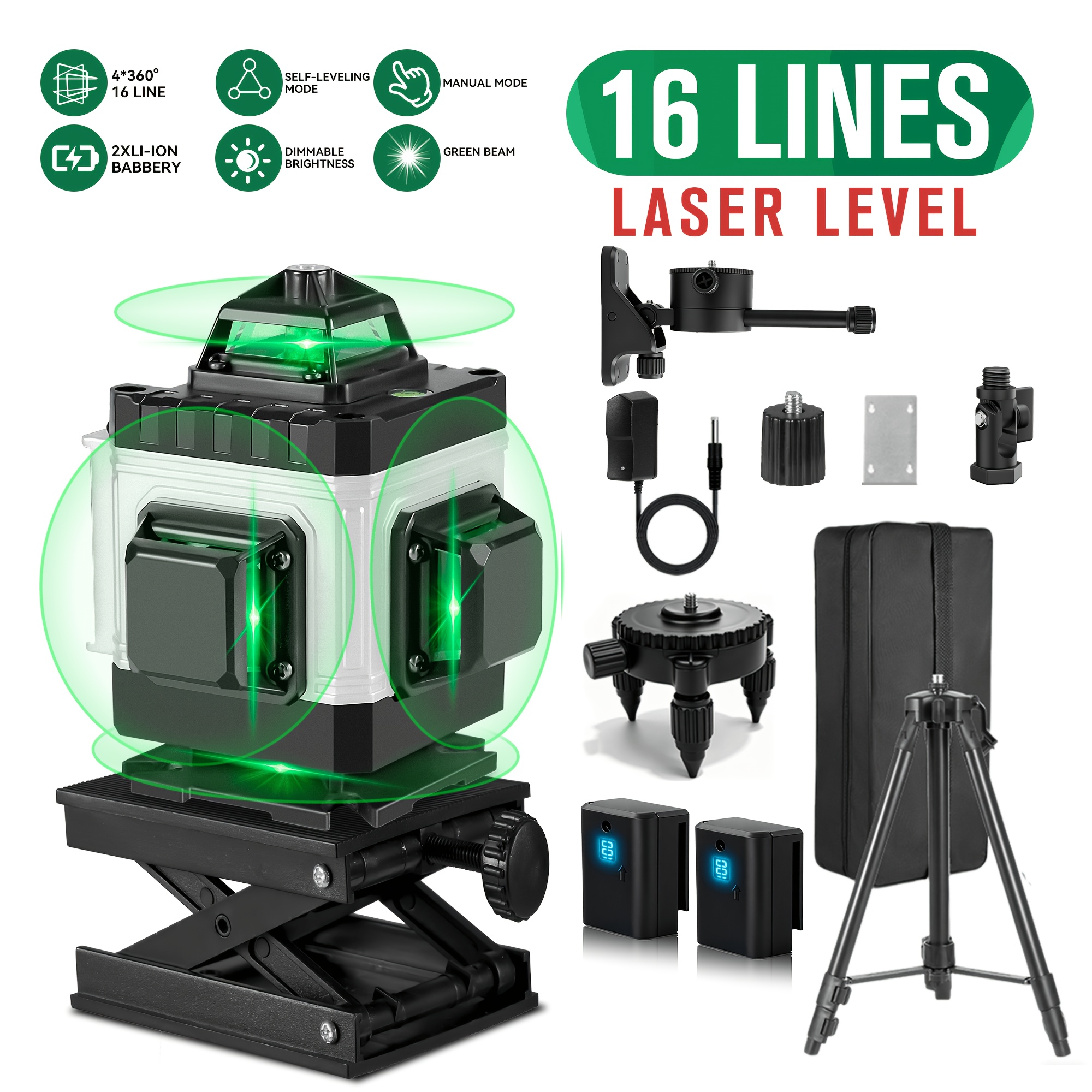 16 Line Laser Level, 4d Measuring Tool, With 2 Rechargeable Lithium Batteries, Optional Leveling Tool Omnidirectional Ground Wall Sticker Home Decoration Tool Set