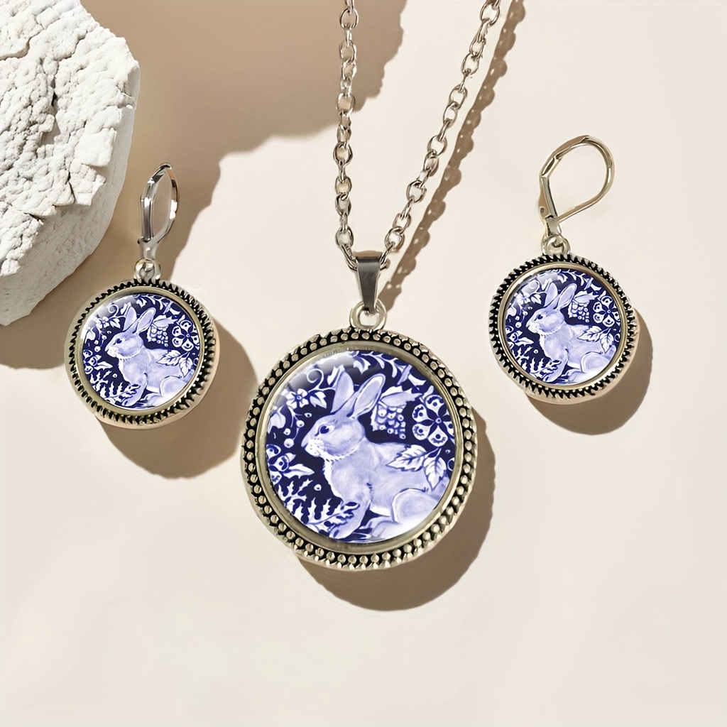 TEMU 3pcs/ Asian Style Large Blue And White Rabbit Flower Jewelry Set, Chinese Style Easter Earrings And Necklace, Men's Jewelry