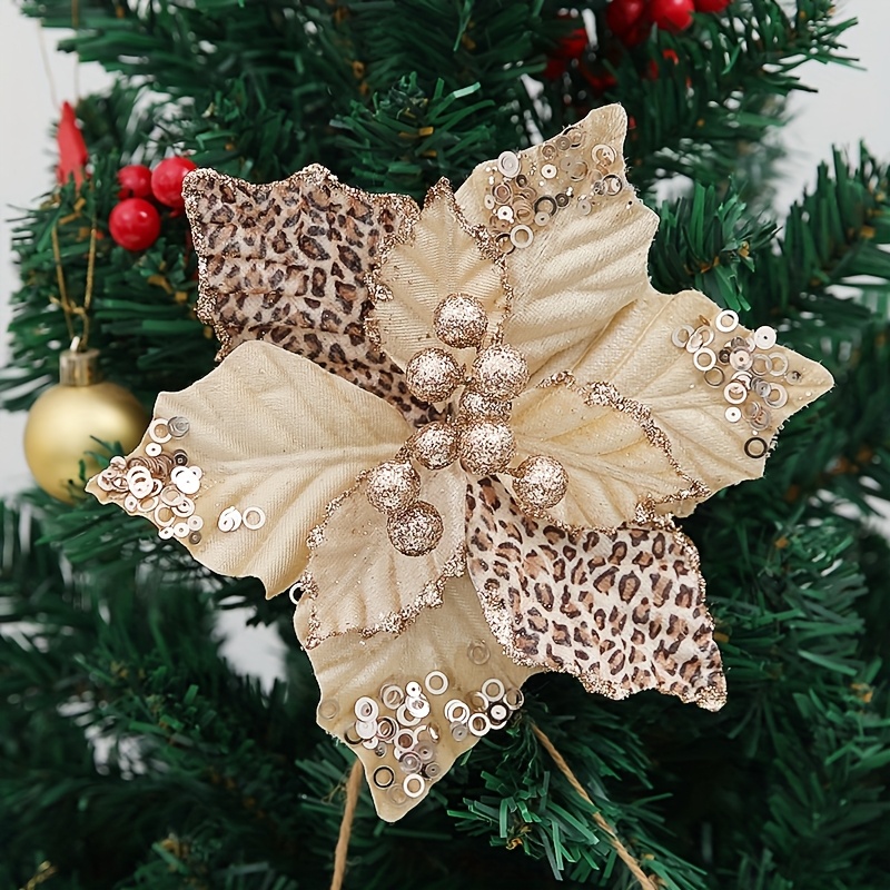Image of 4pcs Leopard Print Christmas Flower Glitter Golden Christmas Flower Print Christmas Tree Flower Ornament For Xmas Tree Wedding Holiday Party Supplies