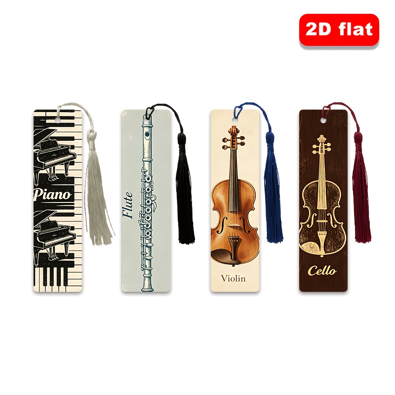 TEMU 4pcs Faux Leather Bookmarks Piano Flute Violin Instrument Combination Flat Printing With Exquisite Tassels Durable Lightweight Back-to-school