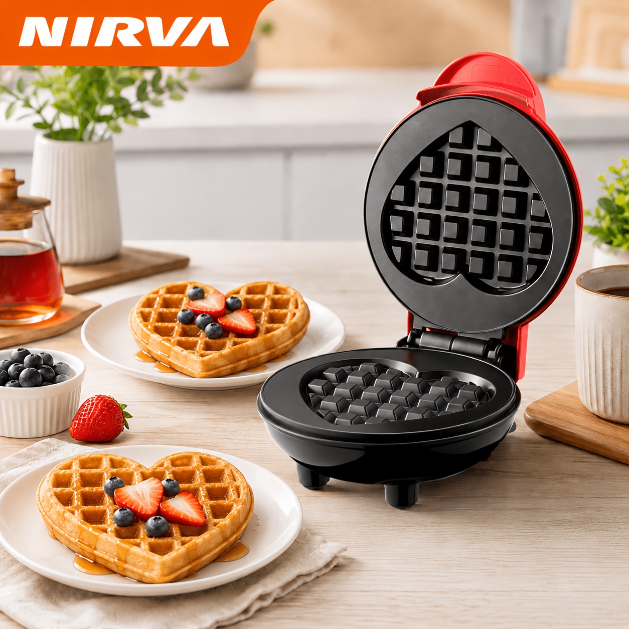 TEMU Nirva Mini Heart Waffle Maker, Double-sided Heating Plates, Easy Indicator Light & 4-step Operation, Small Belgian Waffle Machine For Breakfast