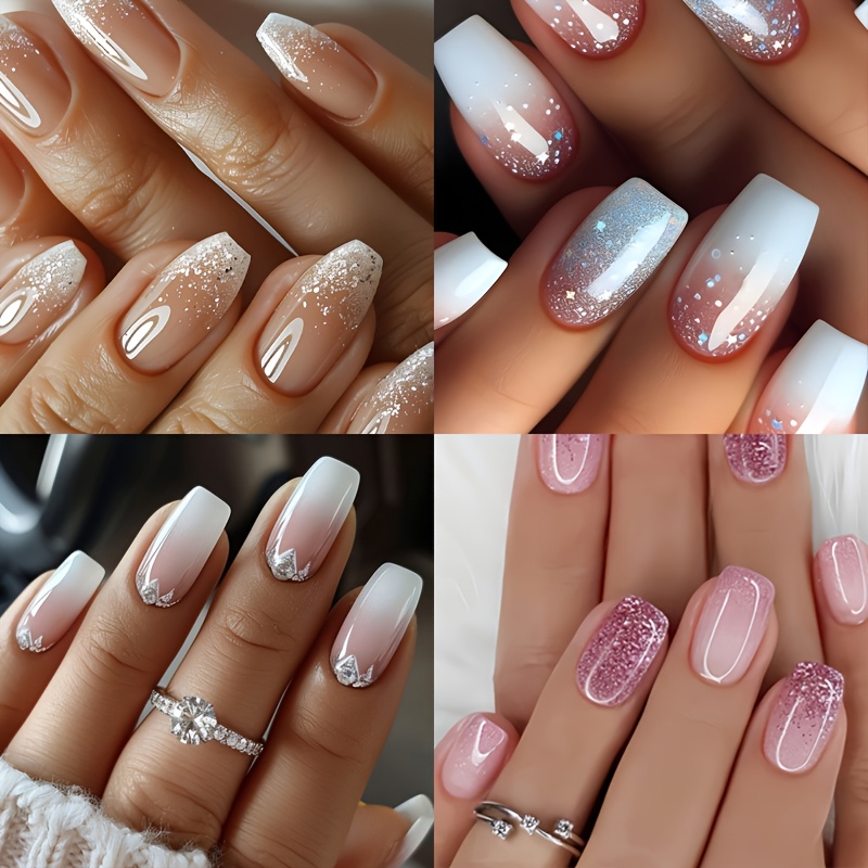 96pcs (4 Sets) Medium Long Coffin Press On Nails Glossy Nails Glitter Gradient System Elegant Style Fake Nails With Artificial Reusable False Nails For Women And