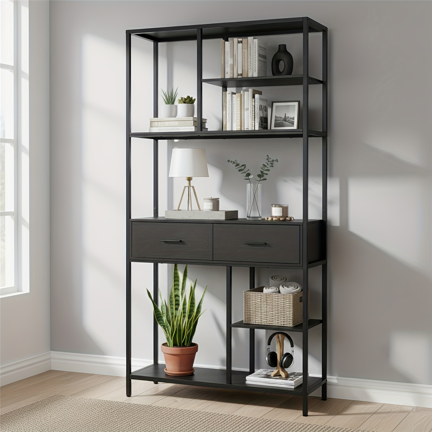 Image of 5 Tier Bookshelf, Bookcase With 5 Shelves With 2 Drawers, Storage Rack Organizer, Corner Wood Storage Shelf With Metal Frame For Bedroom, Living Room