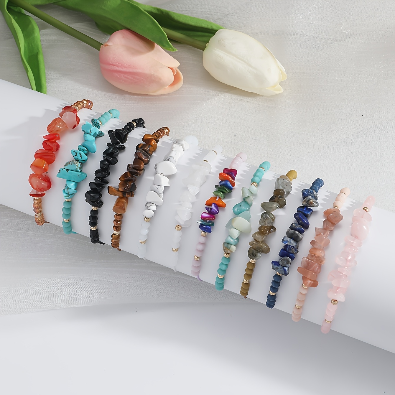 TEMU 12pcs Set Fashion Natural Stone Bead Bracelet Diy Combination Bracelet Set For Men And Women Couples, Stone Shape And Color Random