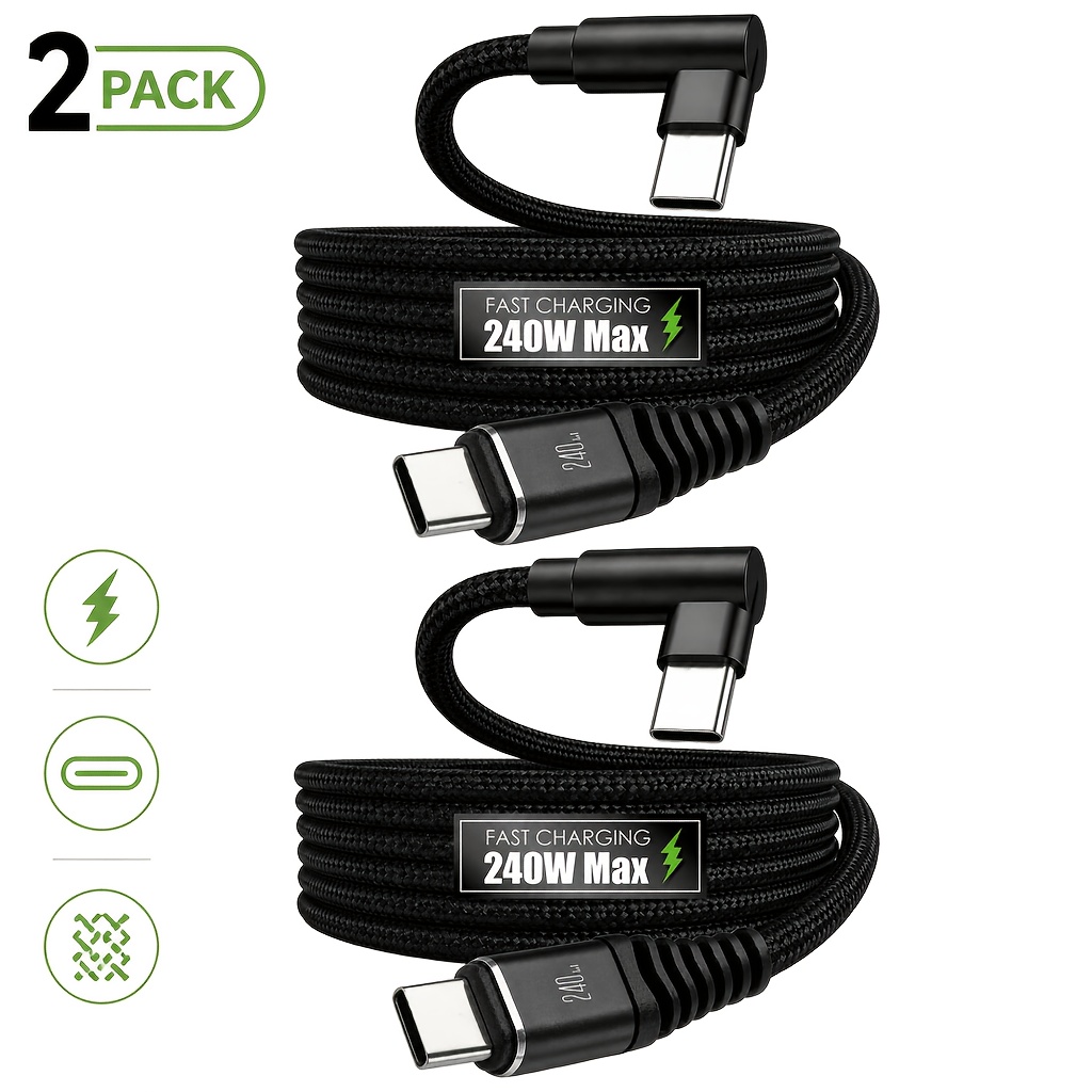 TEMU 2-pack 240w 90 Degree Usb-c To Usb-c Fast Charging Cables, L-shaped Right-angle Braided Charging Cables, Support Pd Super Fast Charging And Data