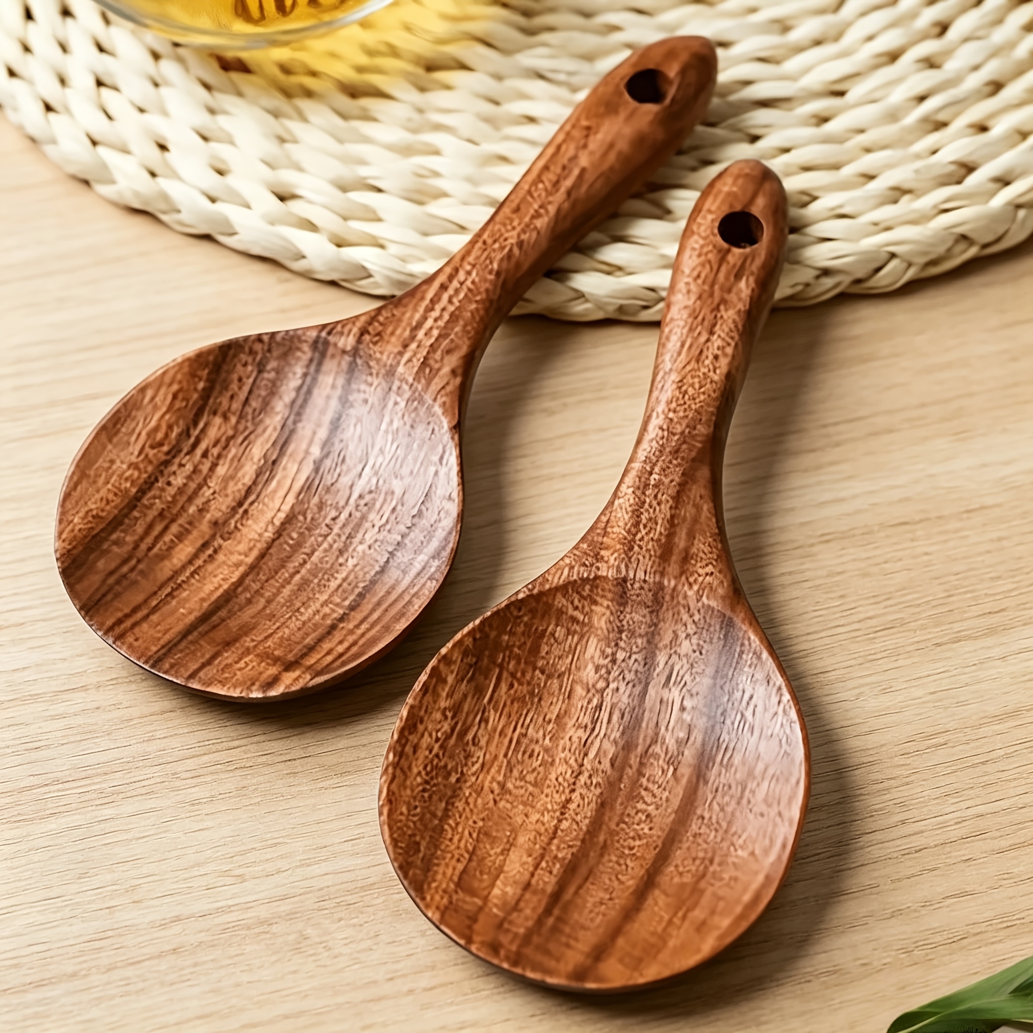 TEMU 2pcs Natural Wooden Rice Spoon Set, Hand-polished Wooden Utensil Spoons And Soup Ladles, Kitchen Utensils Suitable For Rice, Soup, Curry, Pasta