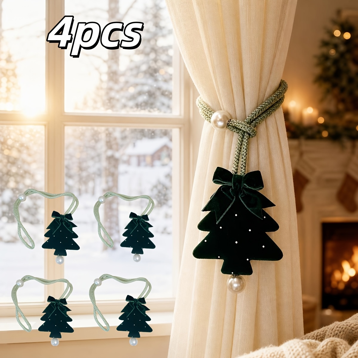 TEMU 4pcs Nœud en Velours à Sequins pour Rideaux d'Arbre de Noël, Attache et Porte-Foulard, Convient pour la Fixation des Rideaux, Décoration de