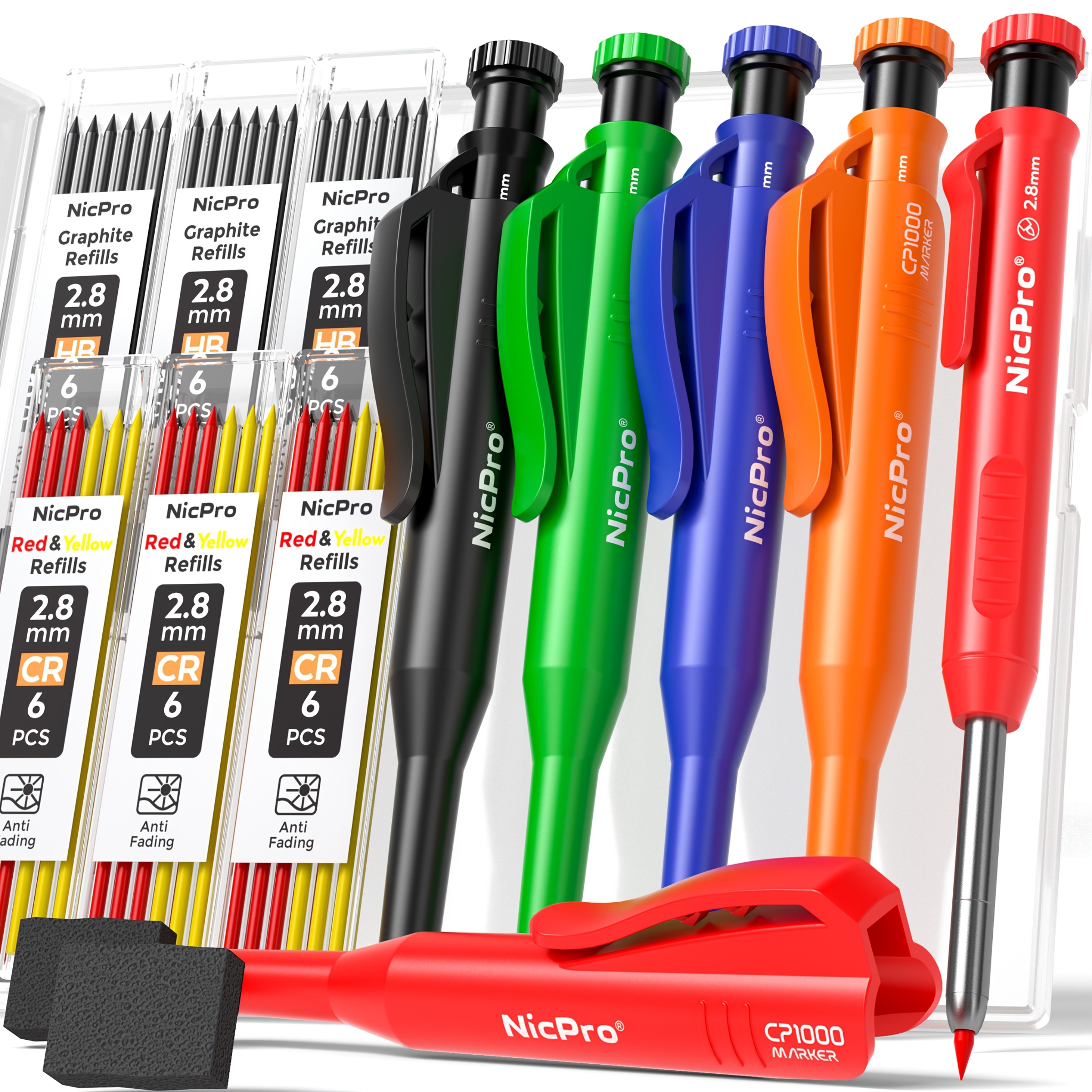 Carpenter Pencil Set With Sharpener & Holders, Mechanical Carpenter Pencils Set With 48 Refills, Deep Hole Marker Woodworking Pencils, Heavy Duty Construction For -with Case
