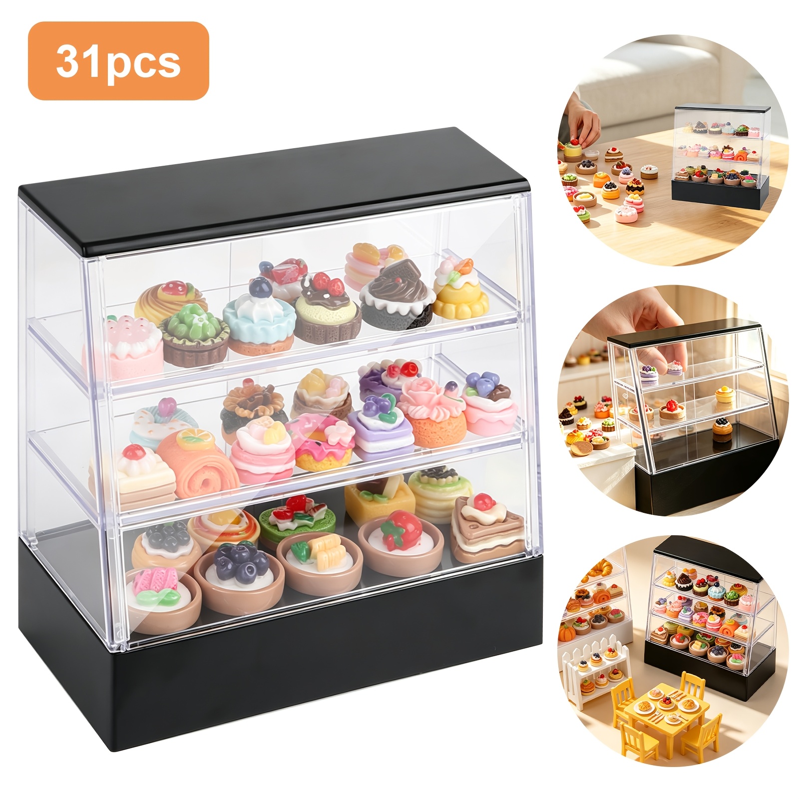 TEMU 31pcs Miniature Cake Display Cabinet Set, 1:12 Scale Realistic Cake Display Stand, 30pcs Mini Cake Model And 1pc Storage Box, Home Decoration