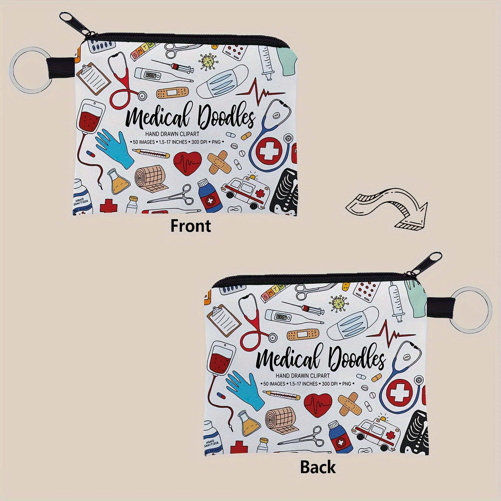 1pc Doodles Print Pattern , Zipper Small Capacity Portable Multifunctional Change Purse, Gifts For Women