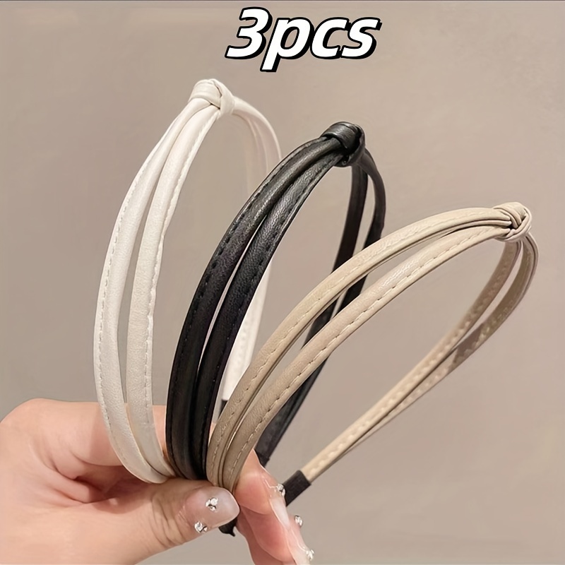 TEMU 3er-Set schlichtes PU-Stirnband mit schmalem Rand für Damen, elegantes Gesichtswasch-Stirnband, modisches Haarband, Haar-Accessoires