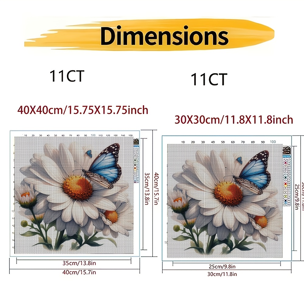 DIY Cross Stitch Printed Kit, Frameless, "White Daisy And Blue Butterfly" Pattern