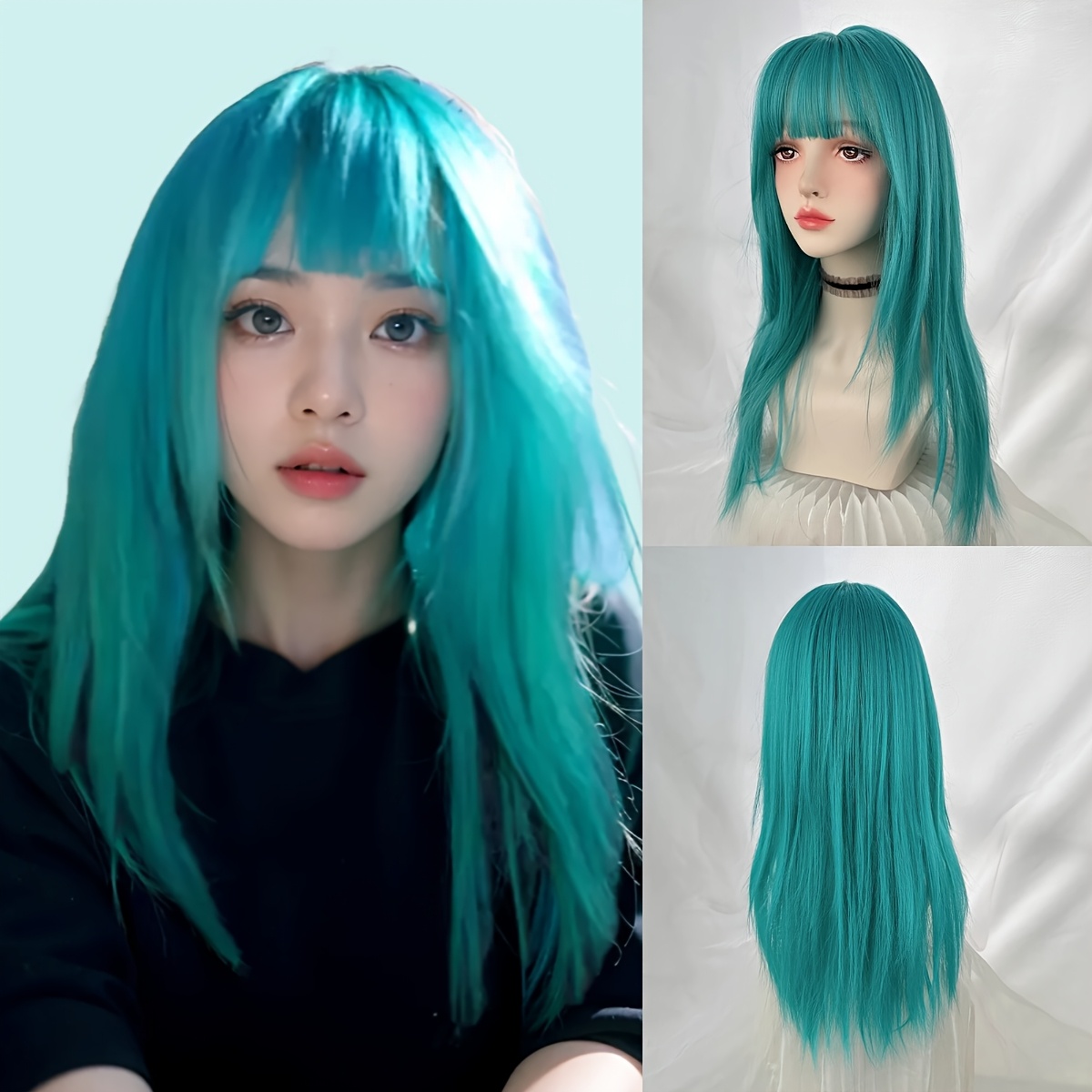 TEMU Perruque synthétique longue et droite pour femme, vert et bleu, avec frange, pour cosplay, duveteuse et résistante à la chaleur, pour et les