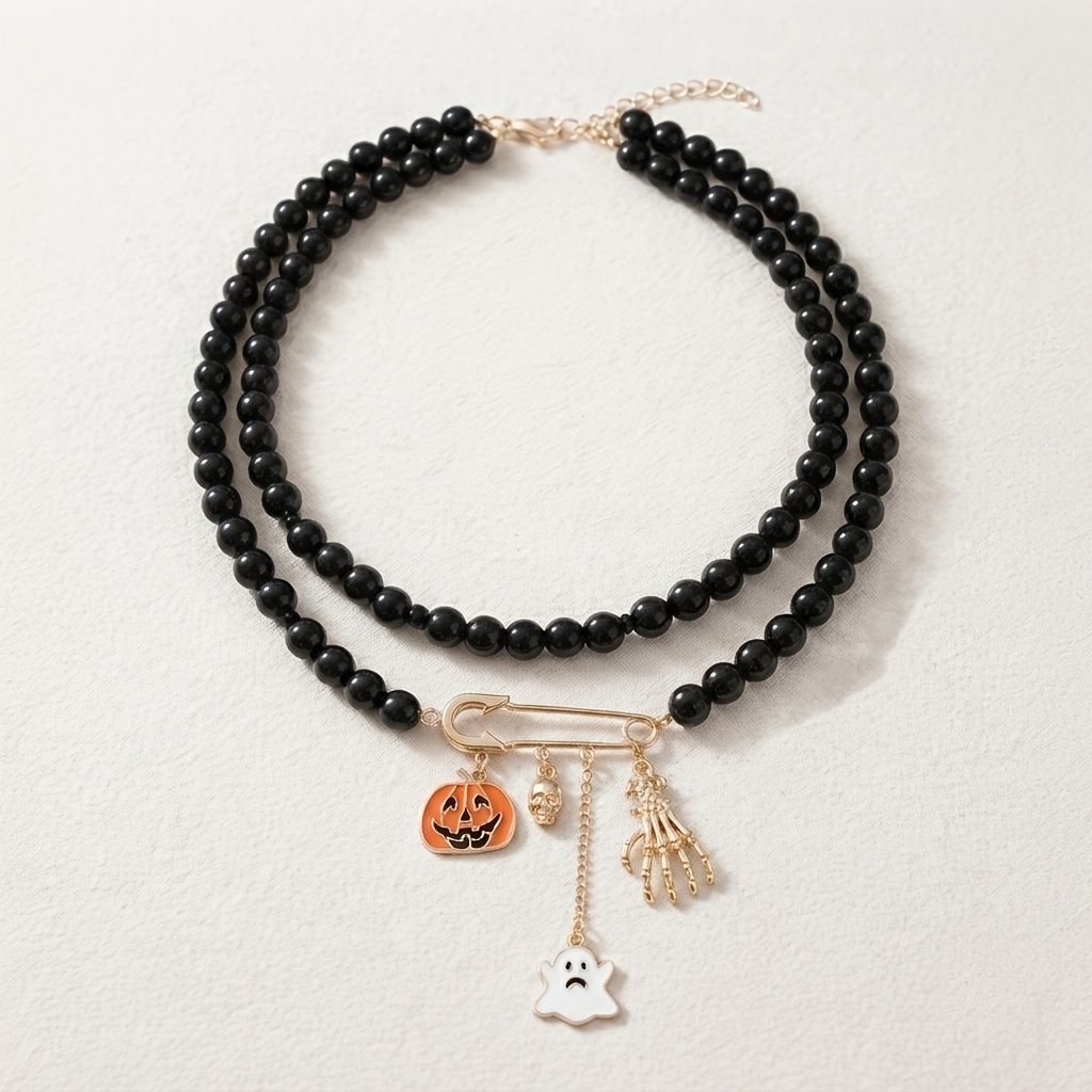 TEMU 1pc Black Double-layer Bead Pendant Necklace, Fun Halloween With Golden Safety Pin Clasp, Hanging Pumpkin, Skull, , And Bone Hand 4 Styles Of