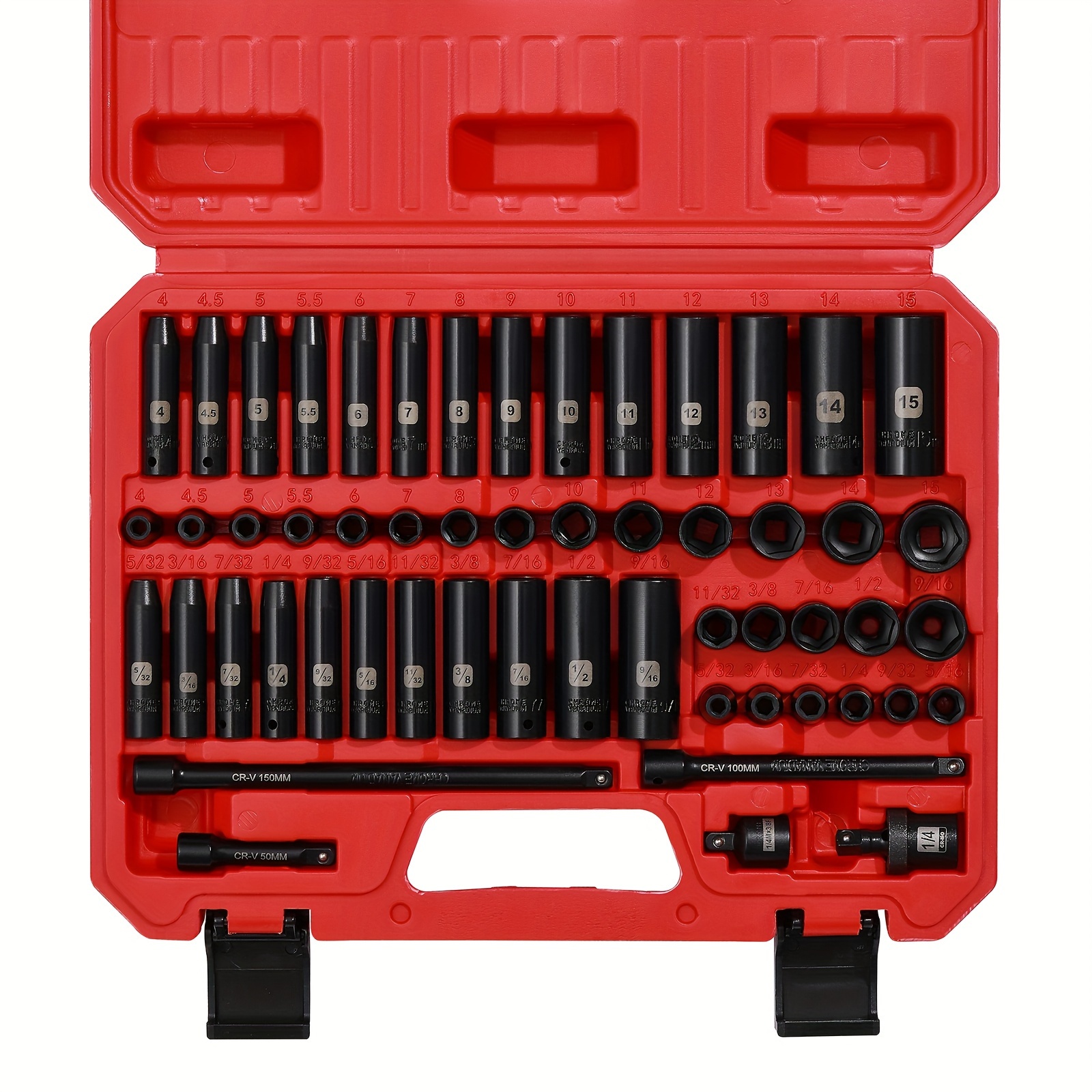 

55pcs 1/4 Inch Impact Socket Set, Metric/sae, Deep/shallow, 6 Point, , 5/32 Inch - 9/16 Inch, 4mm - 15mm, With Extensions, Adapters, Universal Joint, 1/4" Drive Impact Socket Set