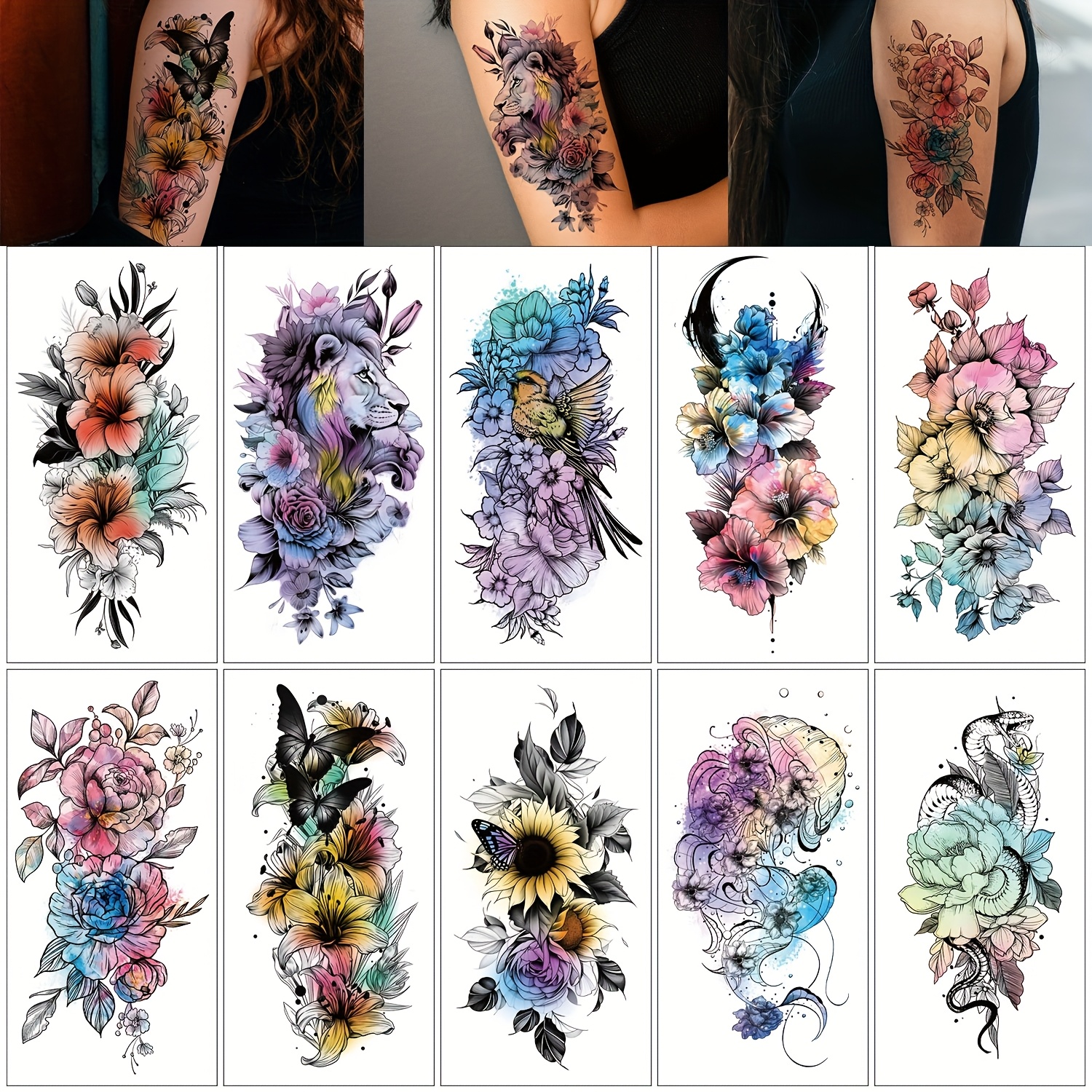 Image of 10pcs Temporary Fake Body Stickers For Women, Vibrant Floral Sunflower Jellyfish Snake Lion Designs, Semi-arm Waterproof Realistic Decals Suitable For Party Makeup