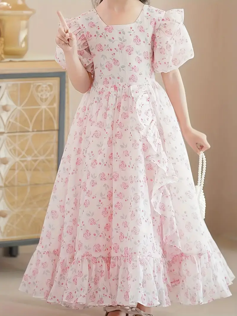 Girl's Floral Pattern Bubble Sleeve Ruffle Dress * Cute Girl's Floral Pattern Bubble Sleeve Ruffle Dress * Cute