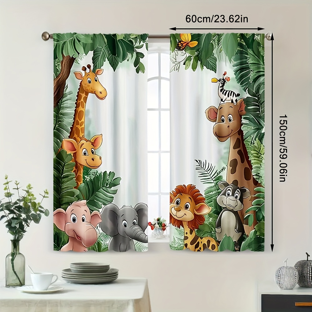 TEMU 2pcs Cartoon Zoo Theme Curtains - Vibrant Polyester Fabric With Giraffe, Elephant & Lion Designs, Light-filtering, Rod Pocket For Easy Hanging,
