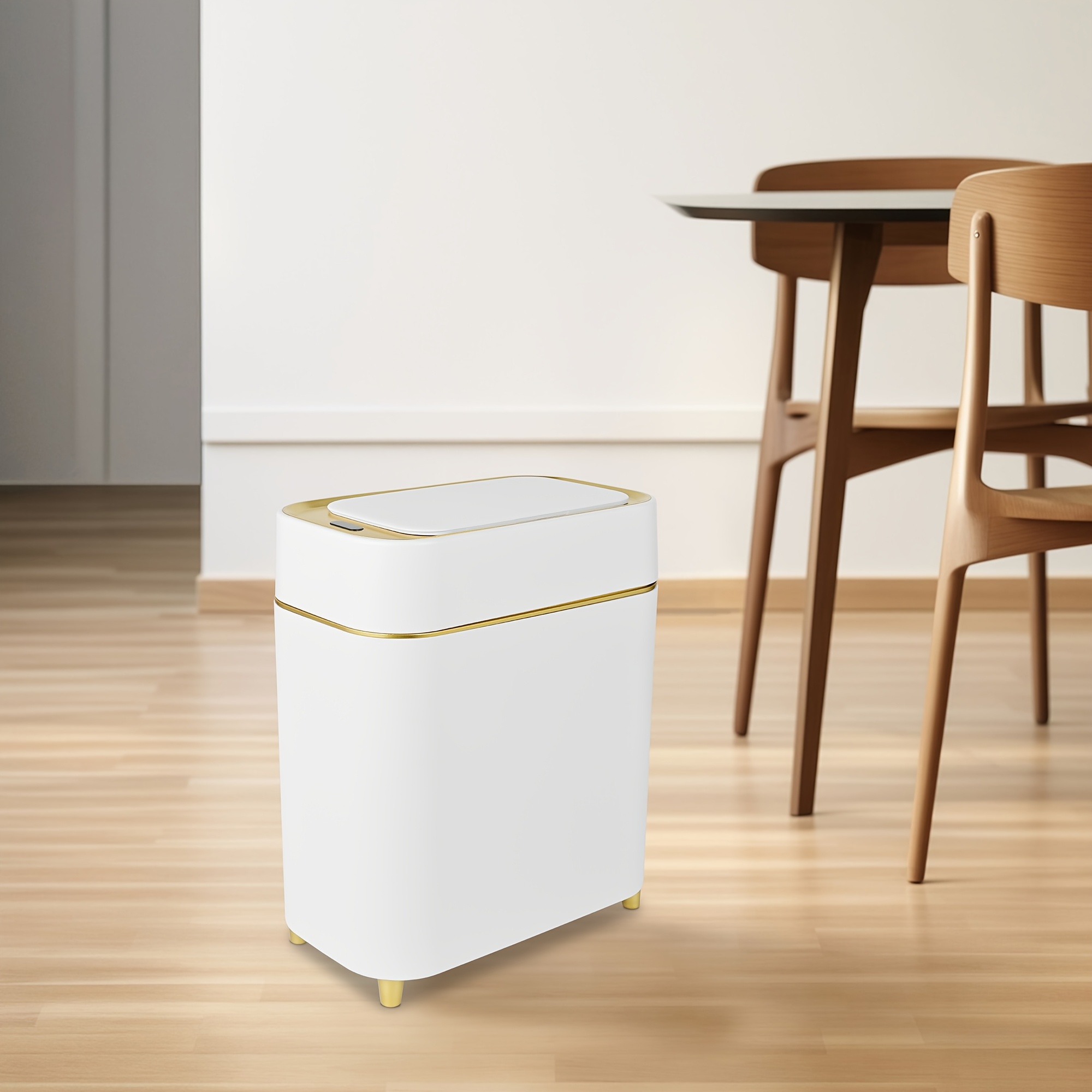 TEMU 3.43gal Sleek Golden & White Narrow Trash Can Kitchen/bathroom, Slim Space-saving Fit For Tight Spaces, Motion Sensor, & Leakproof Design,