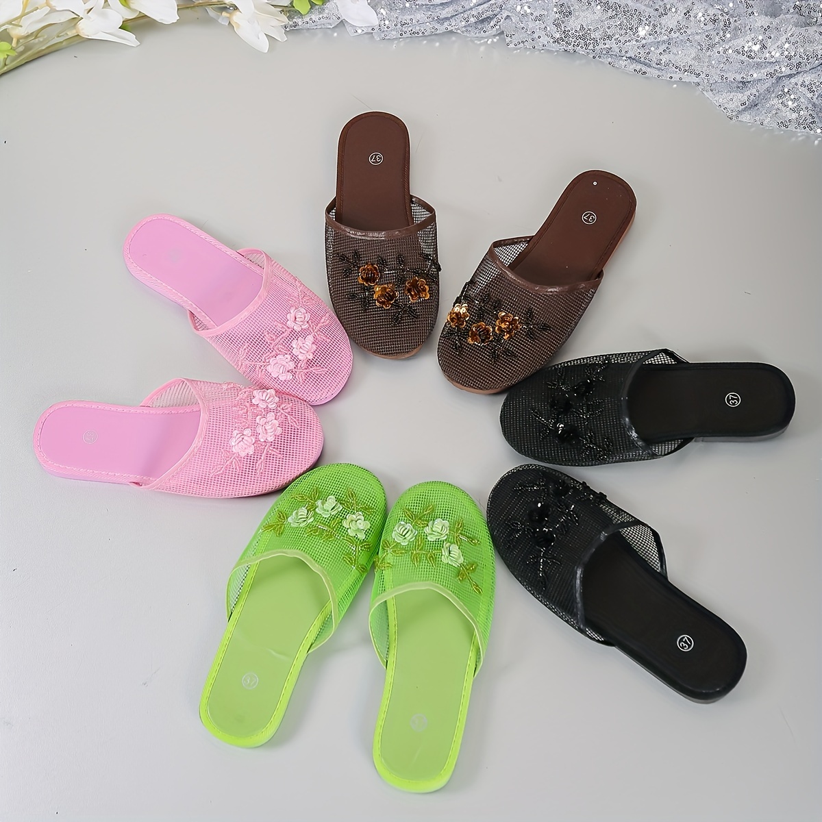 

Women's Flower Decor Slide Sandals, Fashion Hollow Mesh Flat Summer Shoes, Lightweight Slide Sandals