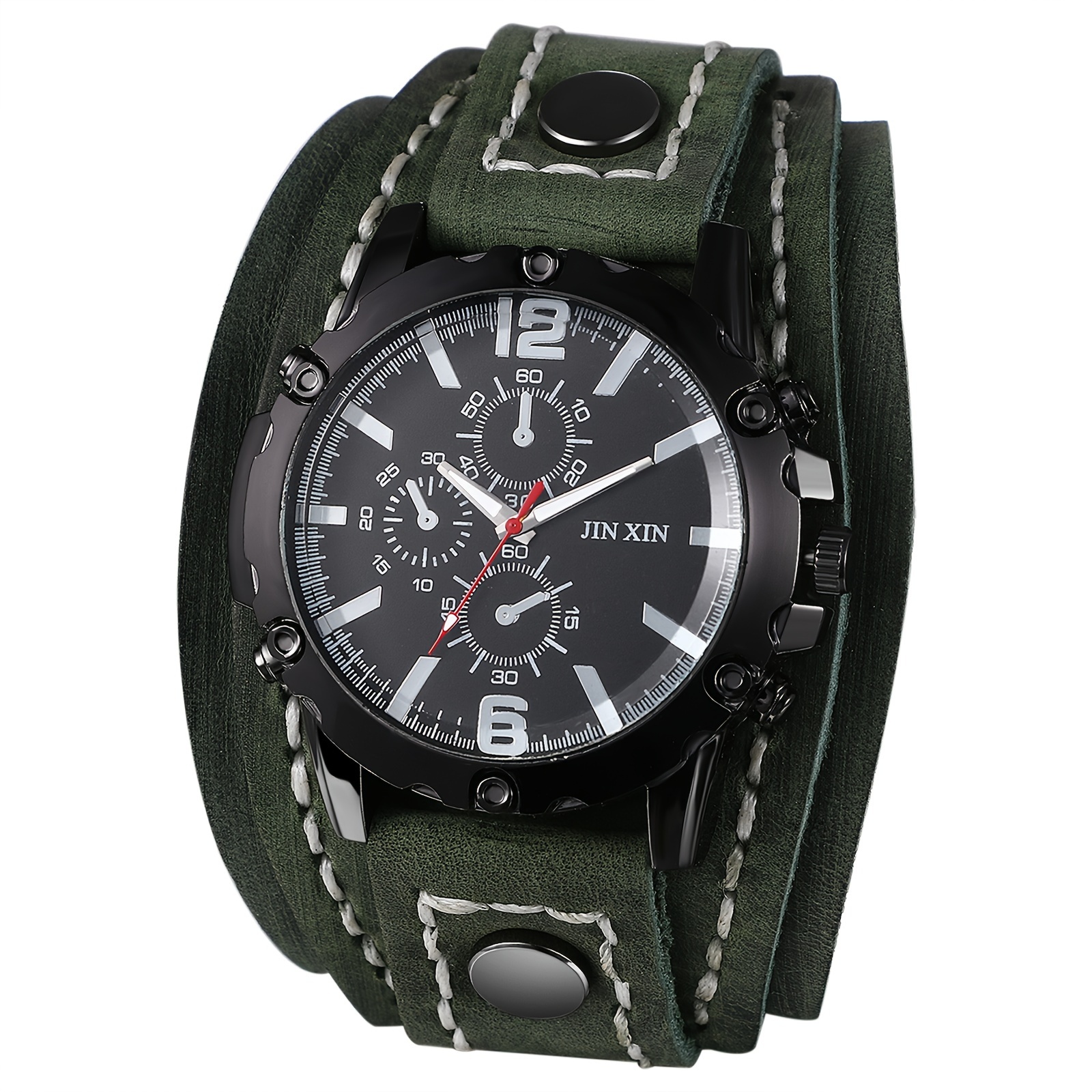 *'s Gothic Punk Style Genuine Leather Strap Watch Large Multi-  Chronograph Quartz Move*t */Red with Heavy-Duty Wr