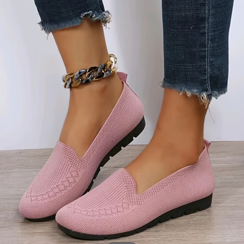 

1 Pair Women's Knitted Solid Color Loafers, Lightweight Non-slip Flat Walking Shoes, Casual Slip-on Low Top With Plain Toe, - Fabric Upper/inner, Pvc Sole, Fabric Insole