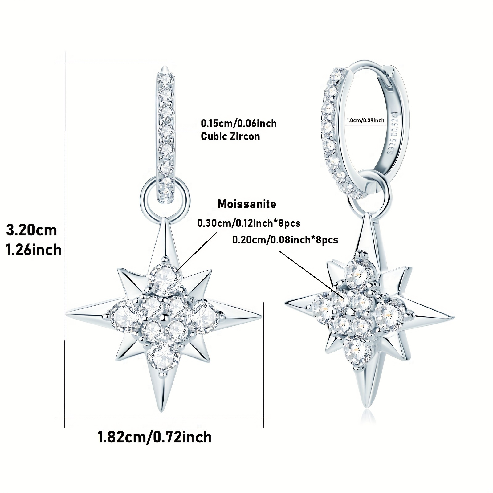 silver weight 4 39g main stone moissanite 3mm 8pcs 2mm 8pcs 0 52ct 2pcs 1 pair of moissanite star earrings 925 sterling silvery ladies fashion pendant earrings star ear hoops earrings   earrings details 0