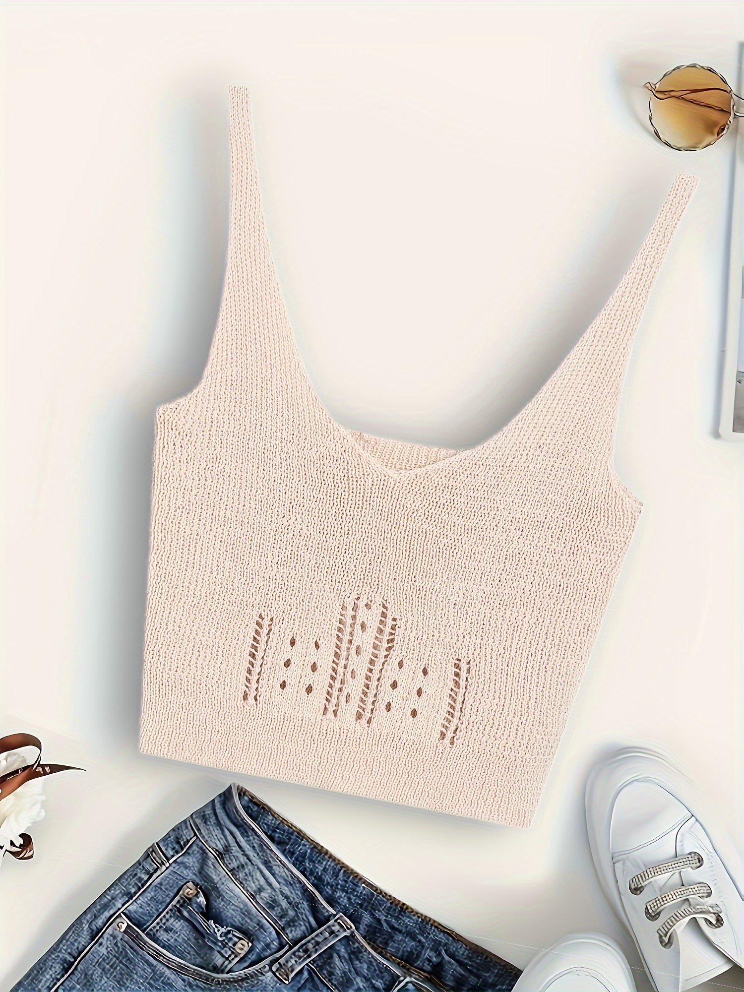Eyelet V-neck Lace Stitching Cami Top, Versatile Crop Slim Solid Spaghetti  Strap Top For Summer, Women's Clothing For Coquette/Cute/Y2K Style