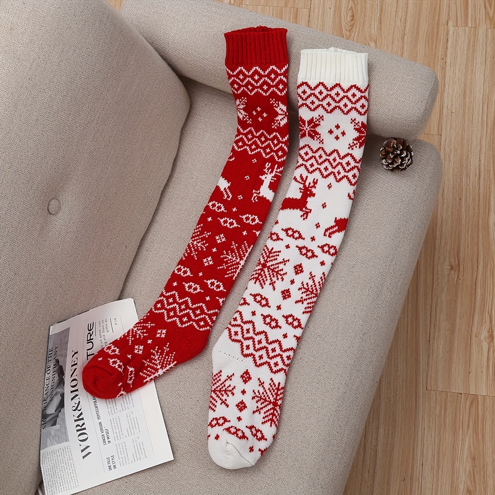 

1 Pair Of Elegant Women's Christmas Reindeer Thigh-high Socks - Cozy Acrylic Knit, Design, Over-the-knee Stocks With & Geometric Patterns, Christmas Socks