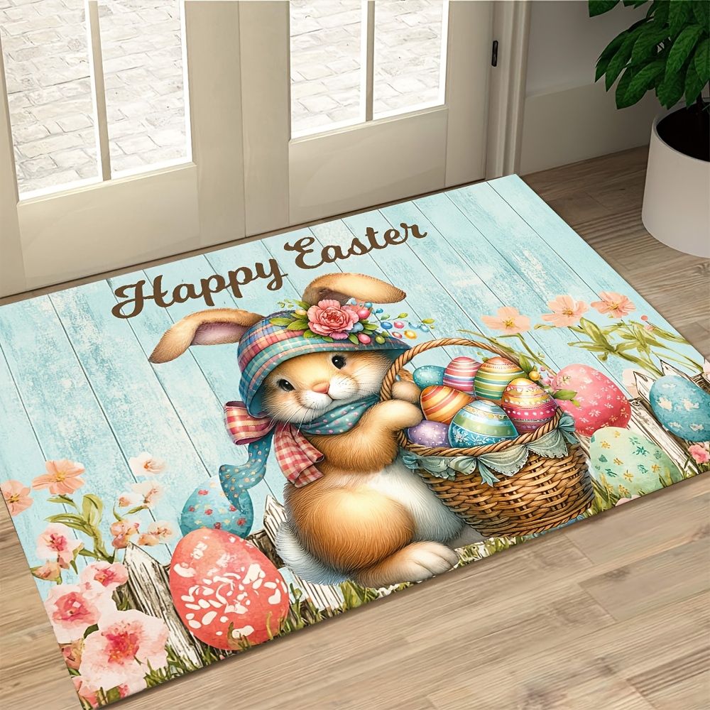 

Easter Bunny & Eggs Welcome Doormat - Cute , Non-slip, Machine Washable Polyester Mat For Home Decor, Bedroom Entrance Decor, Comfortable, Spring Decorative Gifts, Rectangle Shape