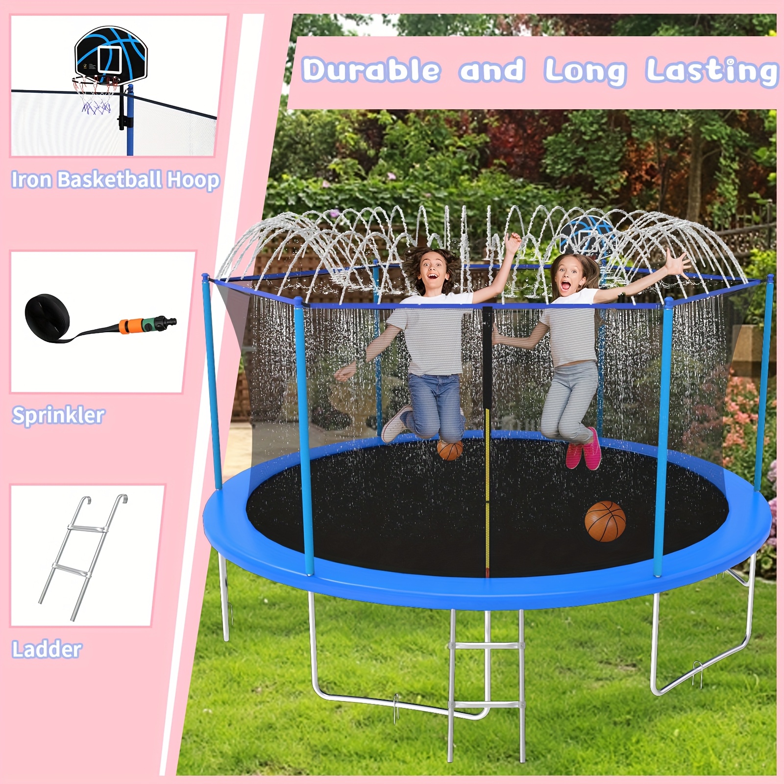 14ft/12ft/10ft Outdoor Kids Trampoline with Water Spray Device, Equipped with Safety Net and Heavy-Duty Rust-Resistant Frame, Suitable for Children and Adults, Includes Basketball Stand and Ladder Blue
