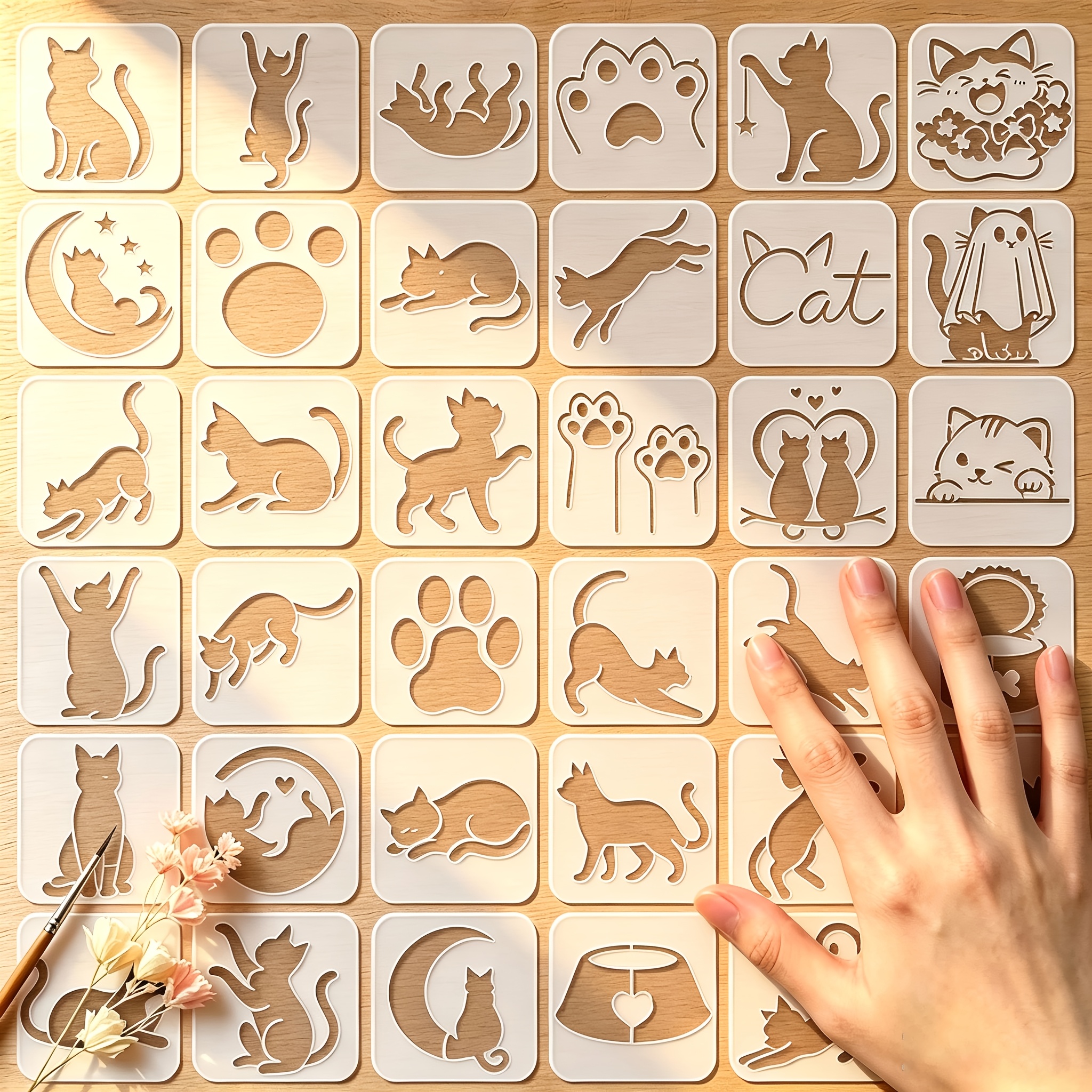 TEMU 36pcs Pochoirs Réutilisables Silhouette de Chat en PET, Gabarit de Dessin Creux, Pochoirs d'Animaux Chatouille, Empreintes de Pattes de
