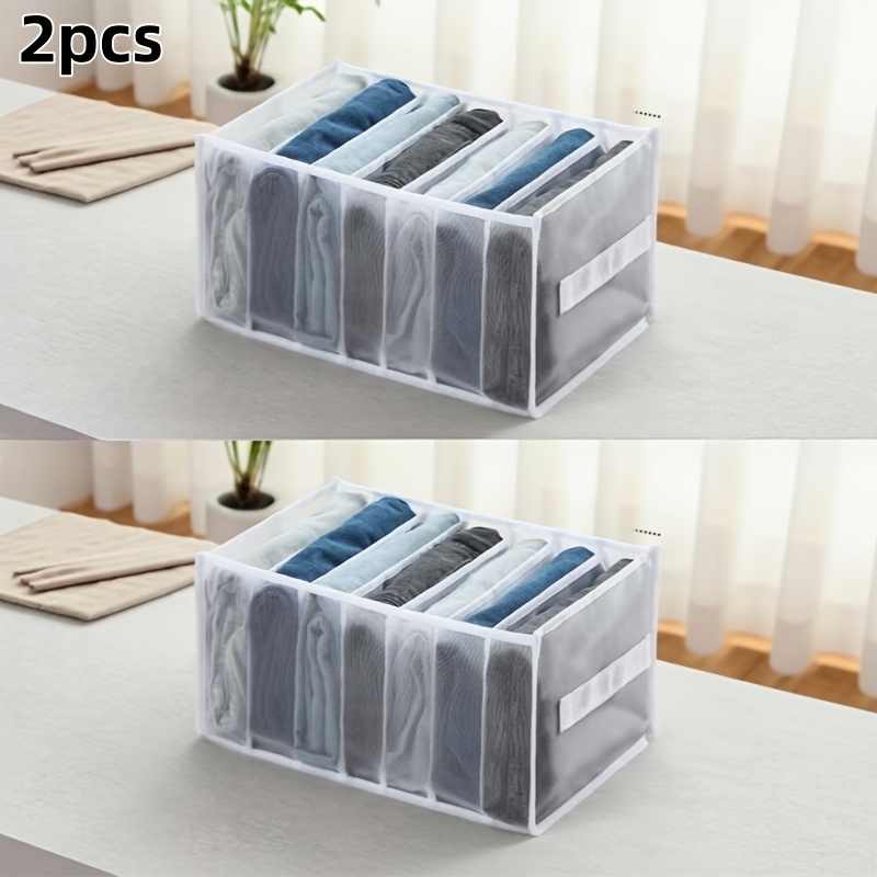 TEMU 2pcs Set Of 7-compartment Premium Fabric Wardrobe Storage Boxes - With Handles, Foldable Drawer Organizer, Transparent Mesh Design, Space-saving