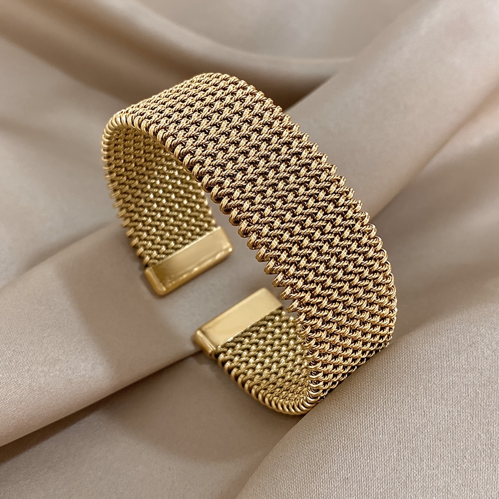 

Vintage 18k Gold Plated Stainless Steel Braided Mesh Cuff Bangle, Classic Open Bracelet For Men And Women, Elegant Fashion Jewelry For Daily And Party Wear